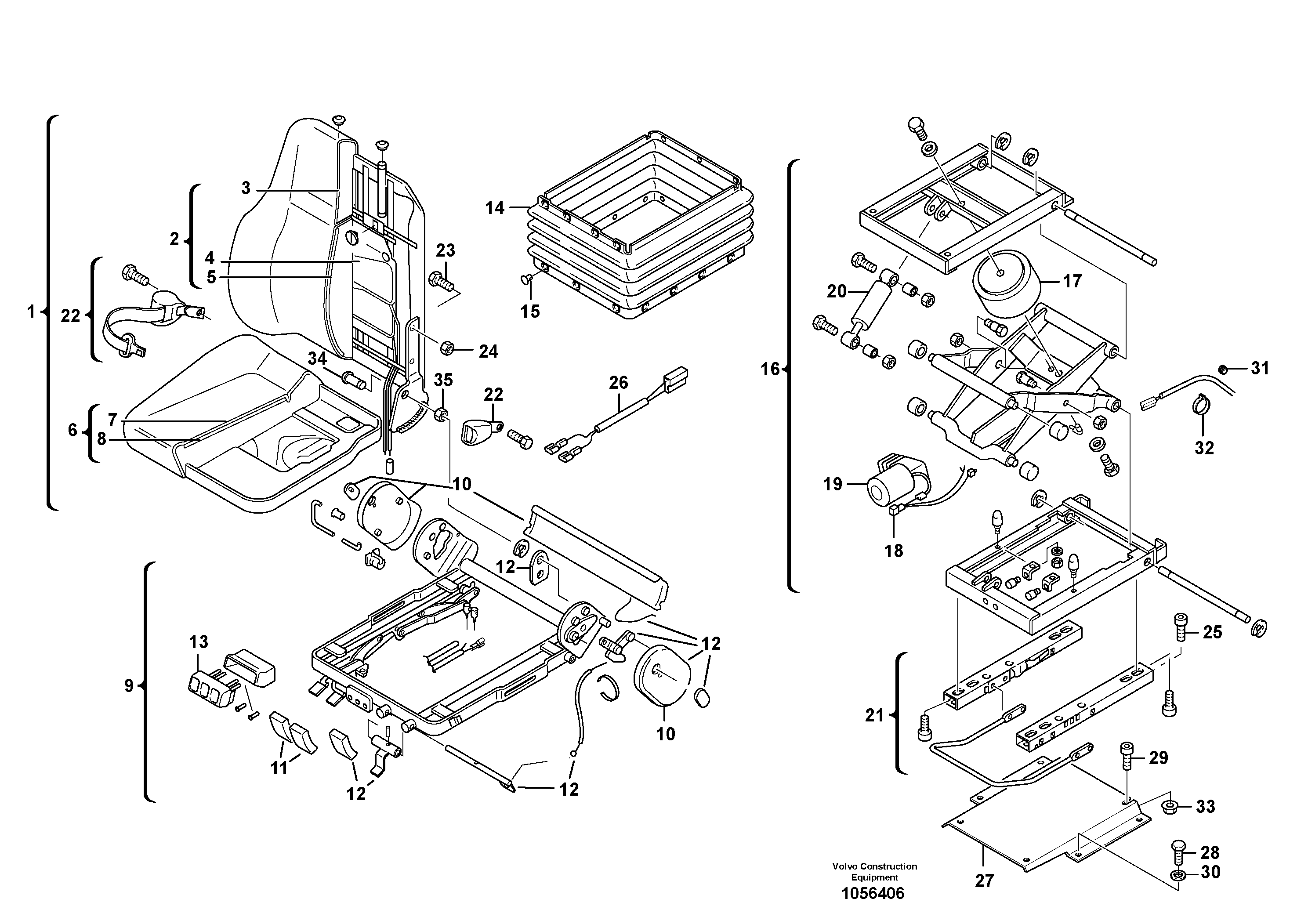 Схема запчастей Volvo L25F - 104190 Operators seat, air suspensioned with fitting parts L25F