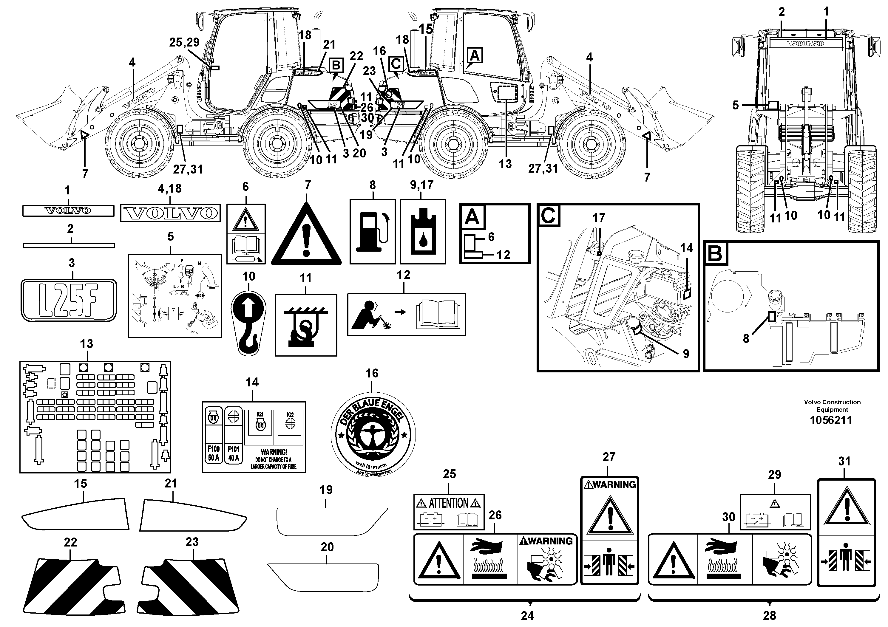 Схема запчастей Volvo L25F - 72486 Sign plates and decals L25F