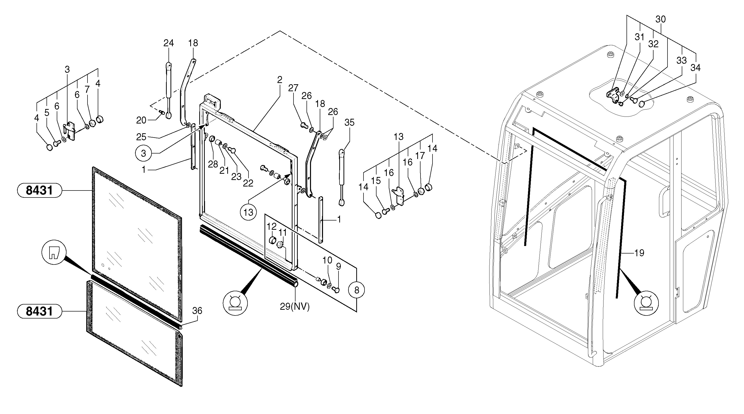 Схема запчастей Volvo EC30 TYPE 282 - 1469 Cab : sliding window ( front ) 