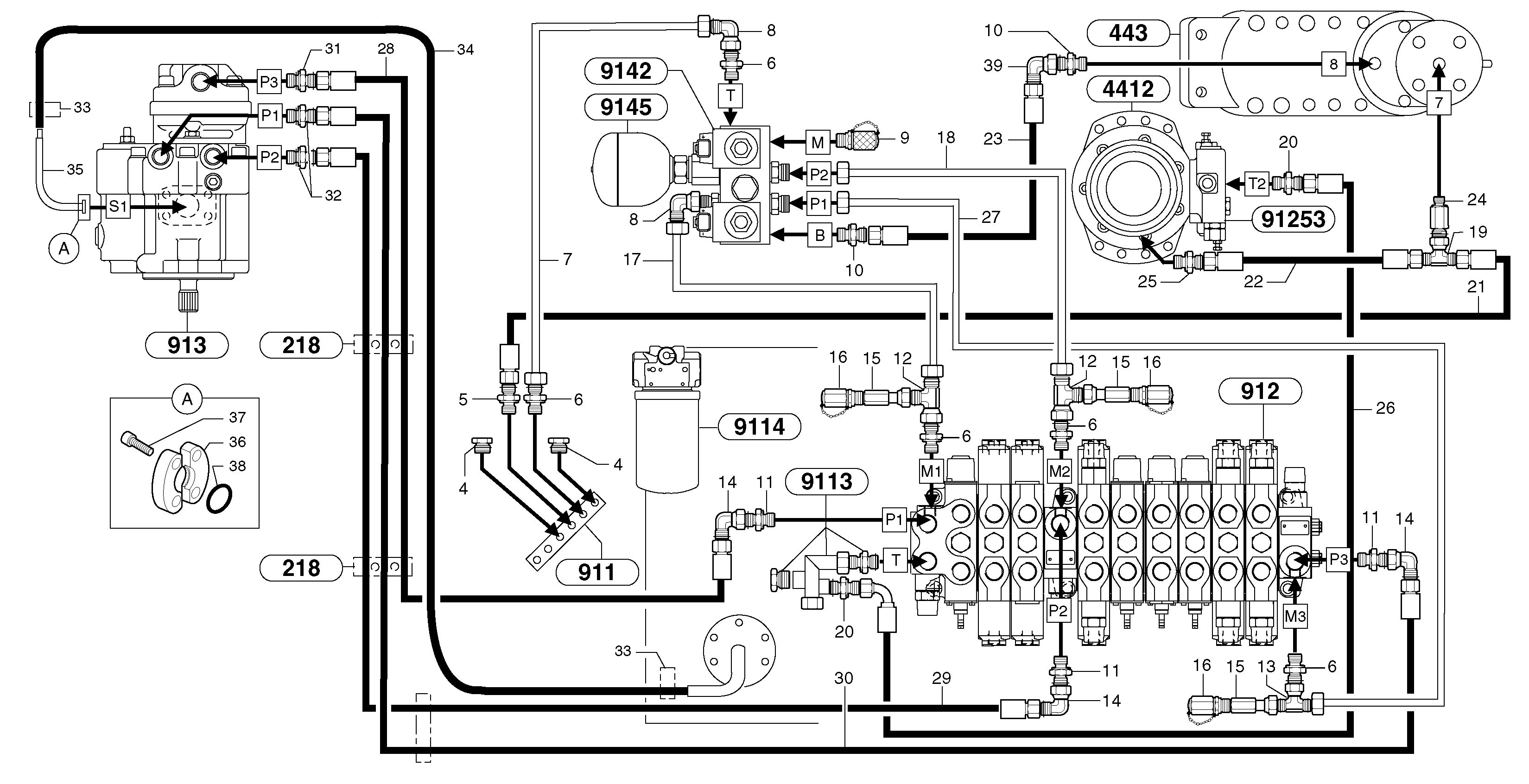 Схема запчастей Volvo EC30 TYPE 282 - 2513 Attachments supply and return circuit 