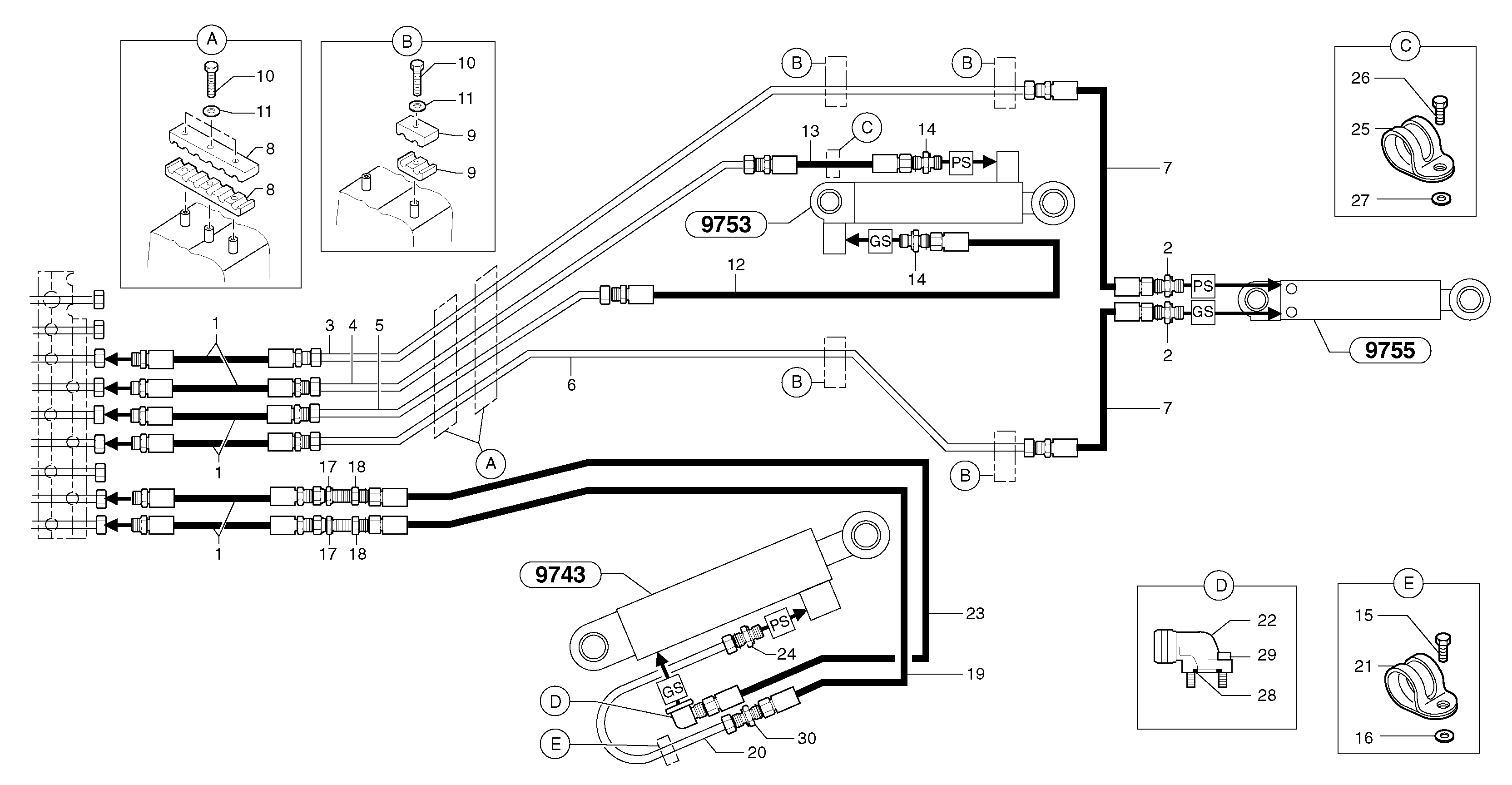 Схема запчастей Volvo EC30 TYPE 282 - 106624 Hydr. circuit.( boom / dipper arm / bucket ) 