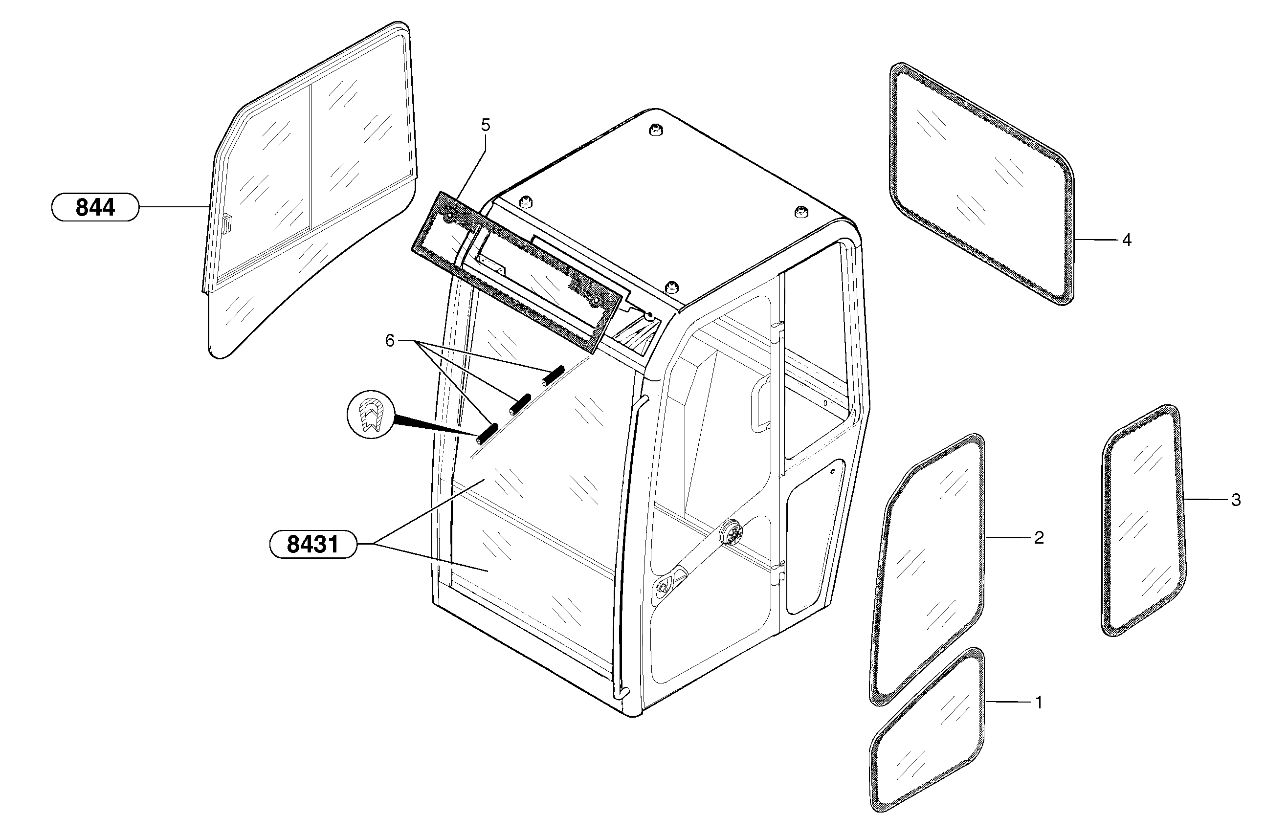 Схема запчастей Volvo EC35 TYPE 283 - 2454 Cab : glass 