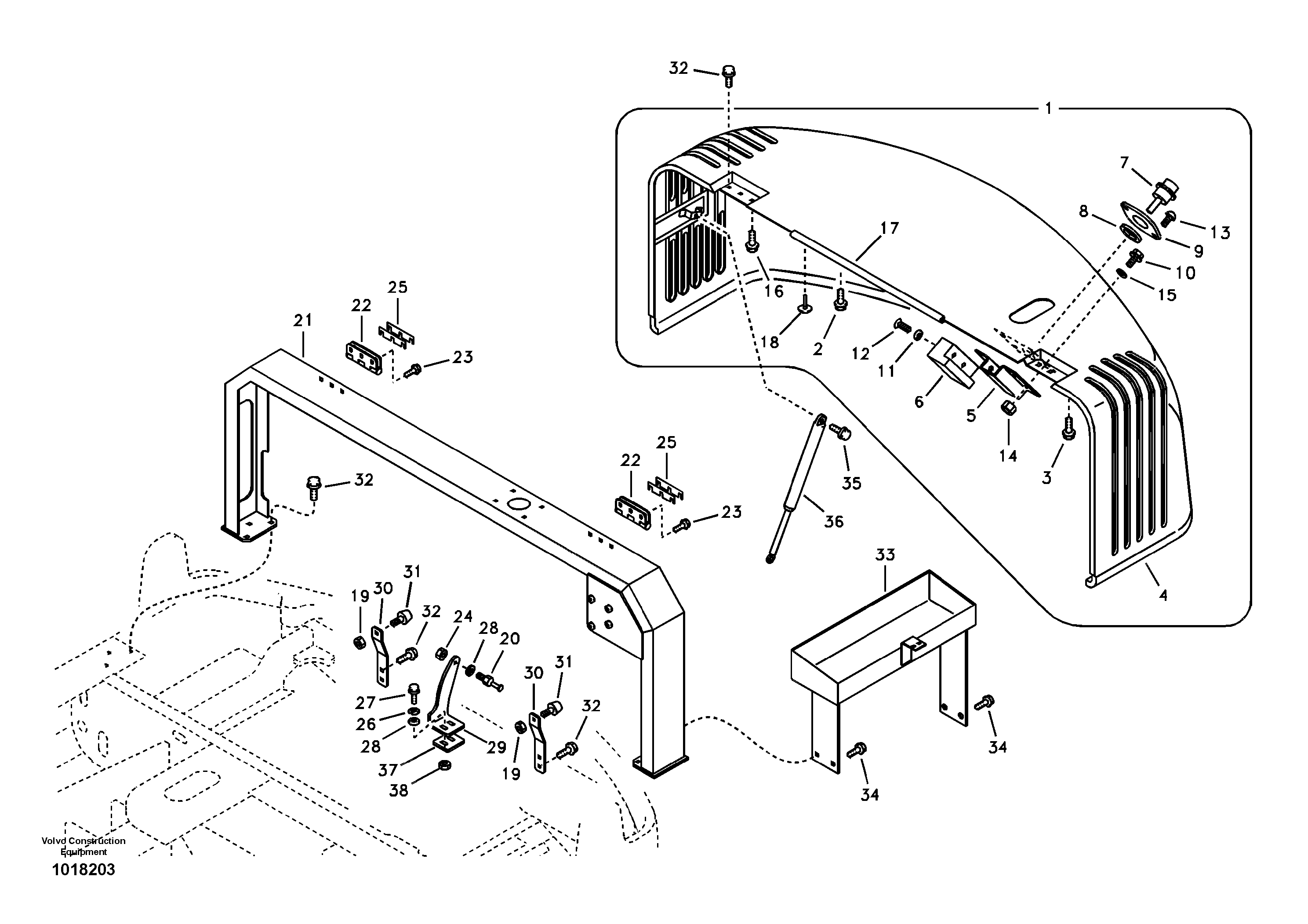 Схема запчастей Volvo EC55B - 14841 Cowl frame, cover and hood 