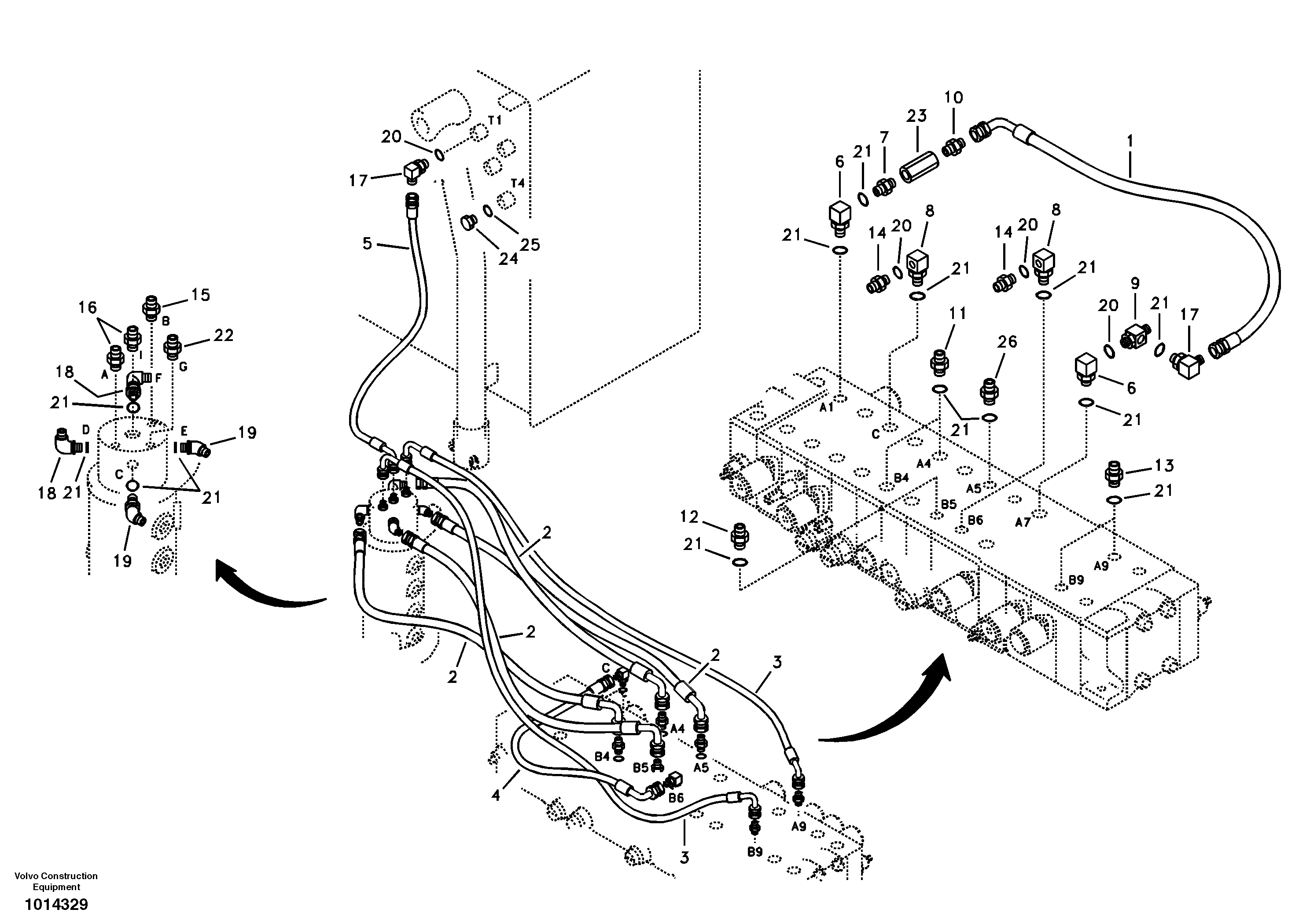 Схема запчастей Volvo EC55B - 32151 Turning joint line, control valve to turning joint 