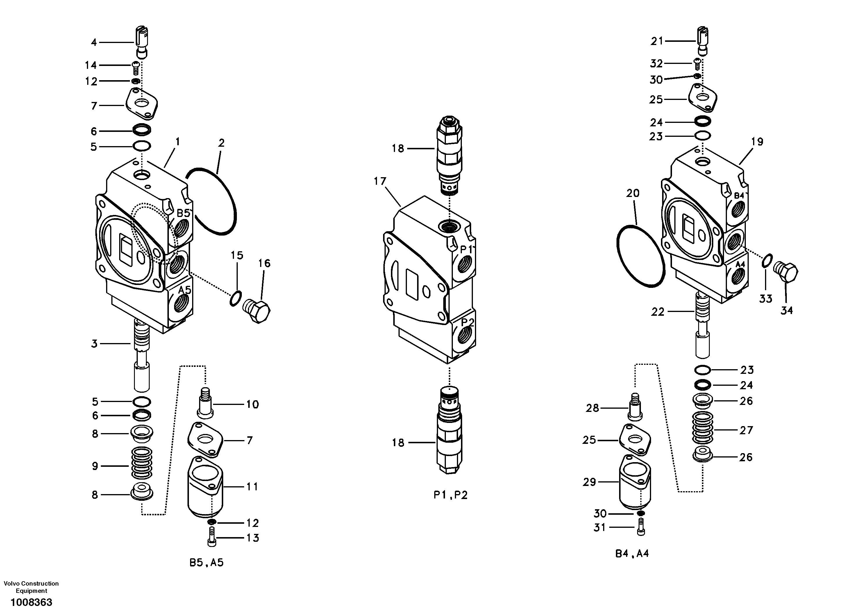 Схема запчастей Volvo EC55B - 91545 Main control valve, travel Lh and mid inlet and travel Rh 