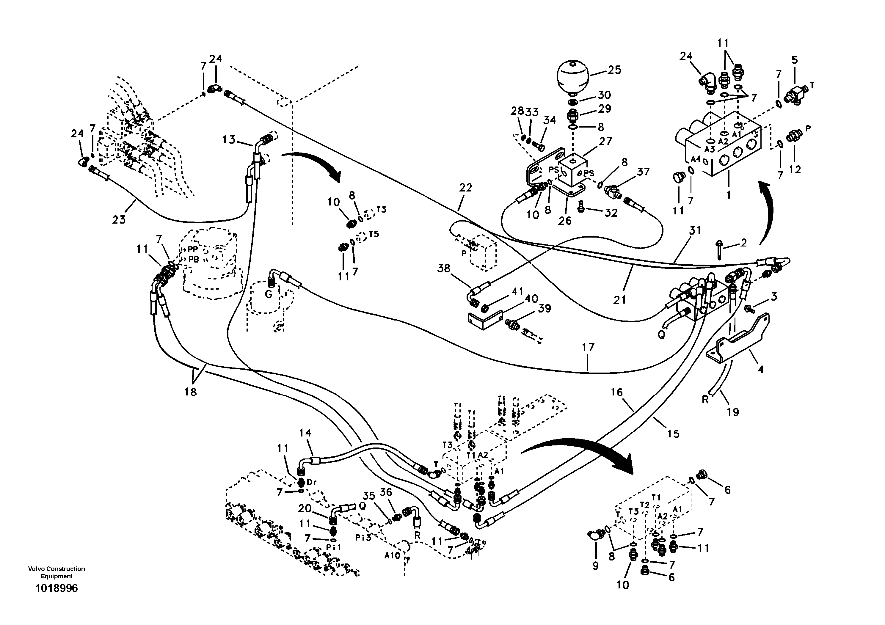 Схема запчастей Volvo EC55B - 34628 Servo system, control valve to solenoid valve and swing motor 