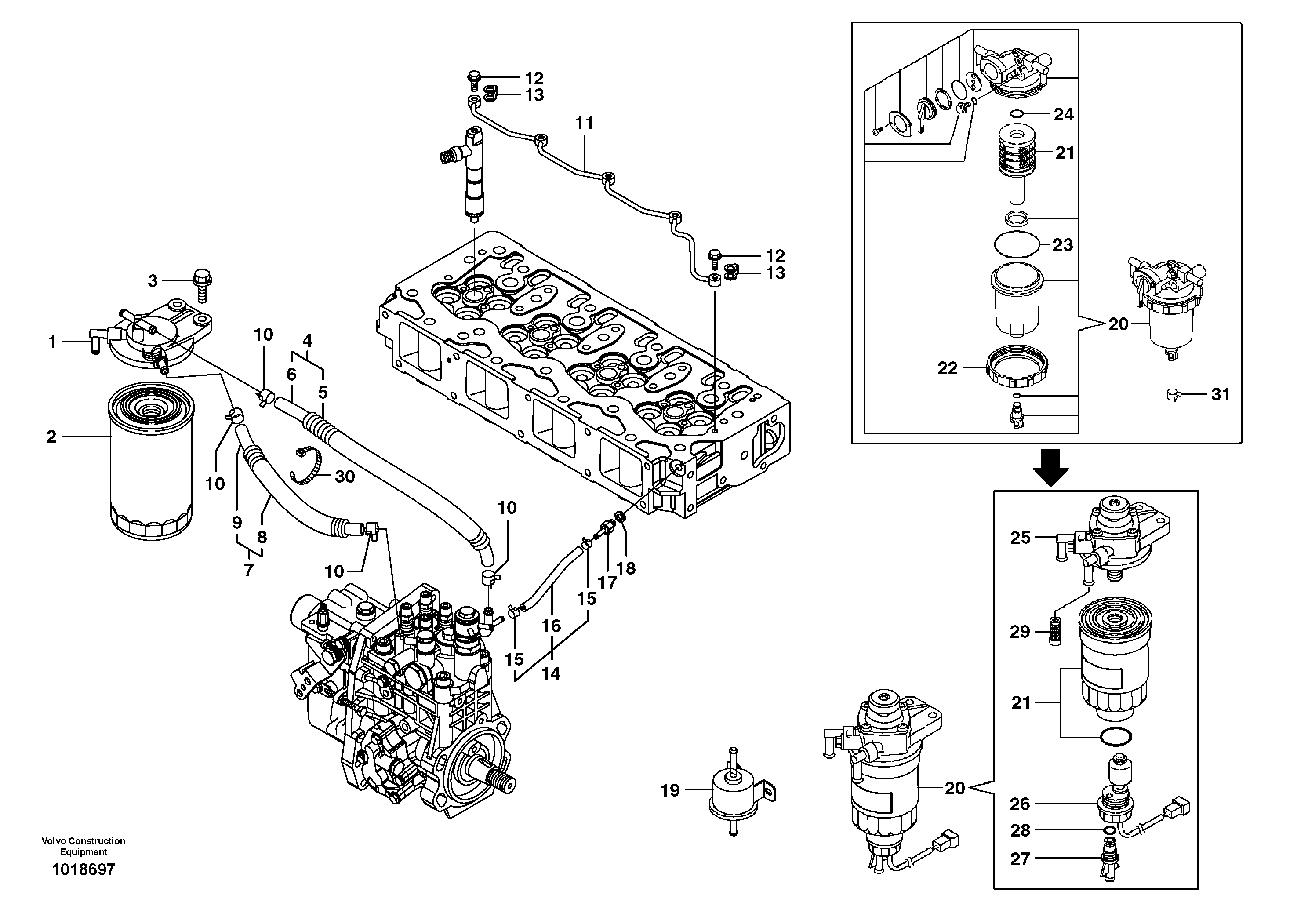 Схема запчастей Volvo EW55B - 4259 Fuel pipes, fuel injec.pump-fuel filter 