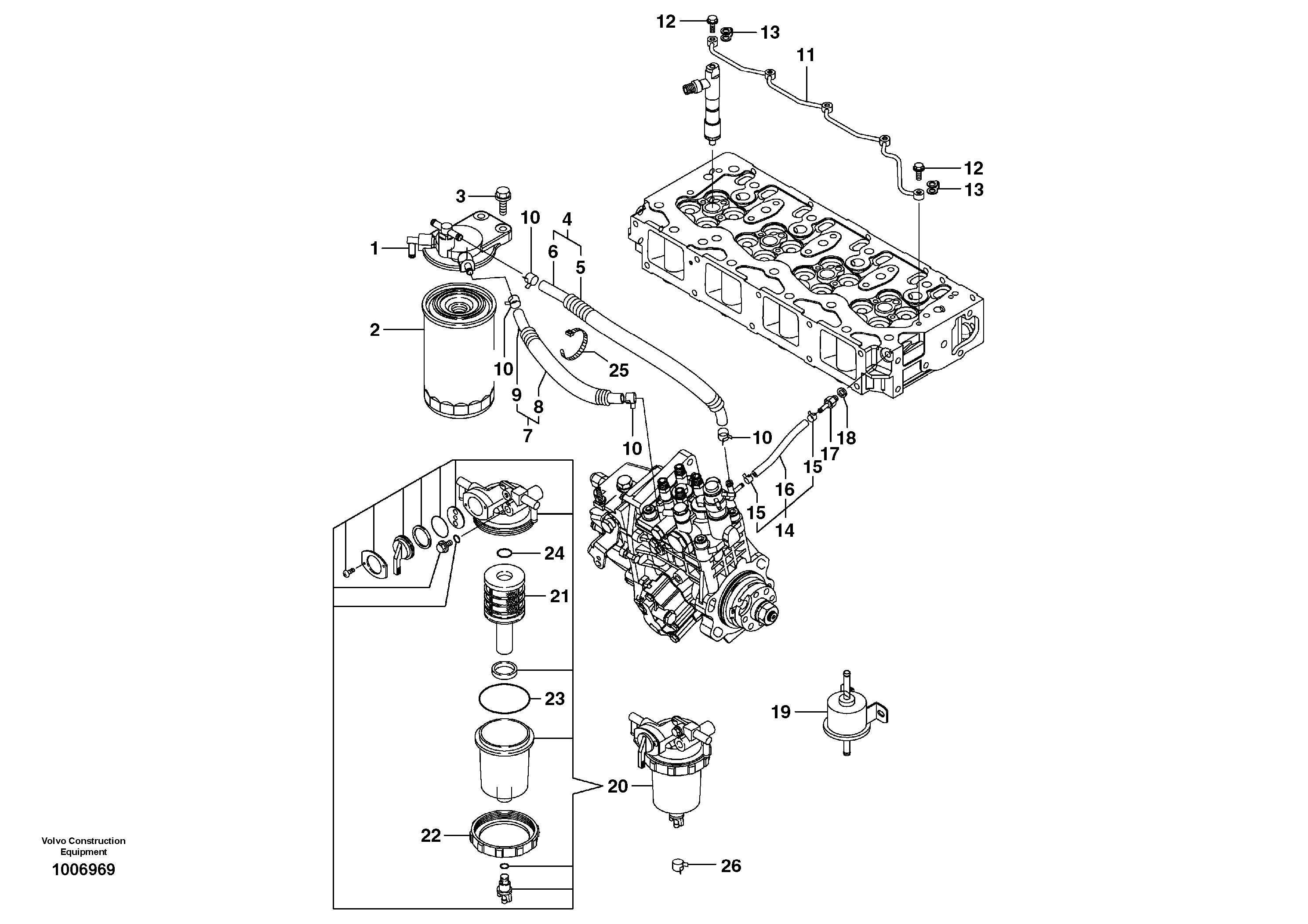 Схема запчастей Volvo ECR58 - 3605 Fuel pipes, fuel injec.pump-fuel filter 