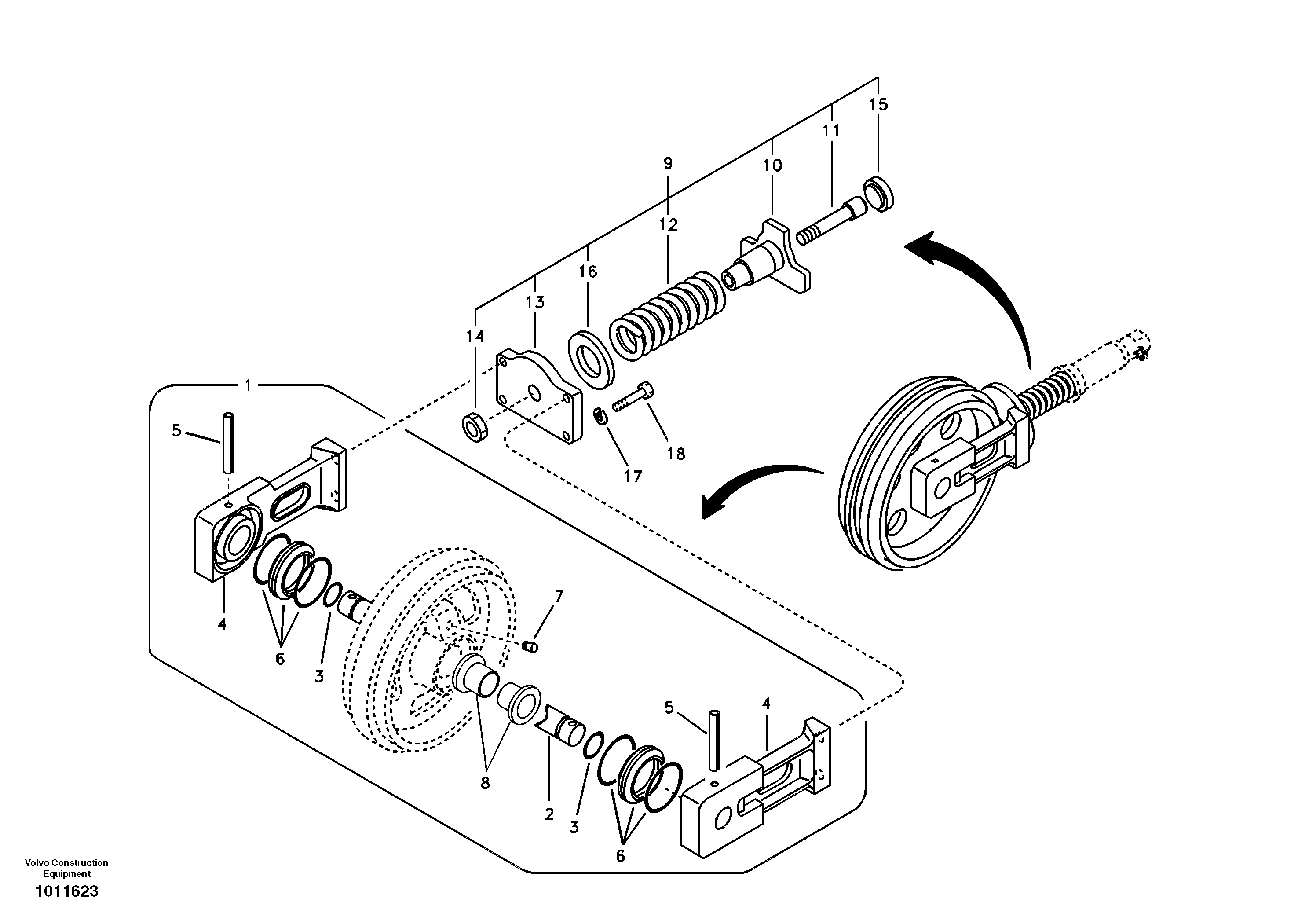 Схема запчастей Volvo ECR58 - 53824 Ленивец (Направляющее колесо гусеницы), передний 