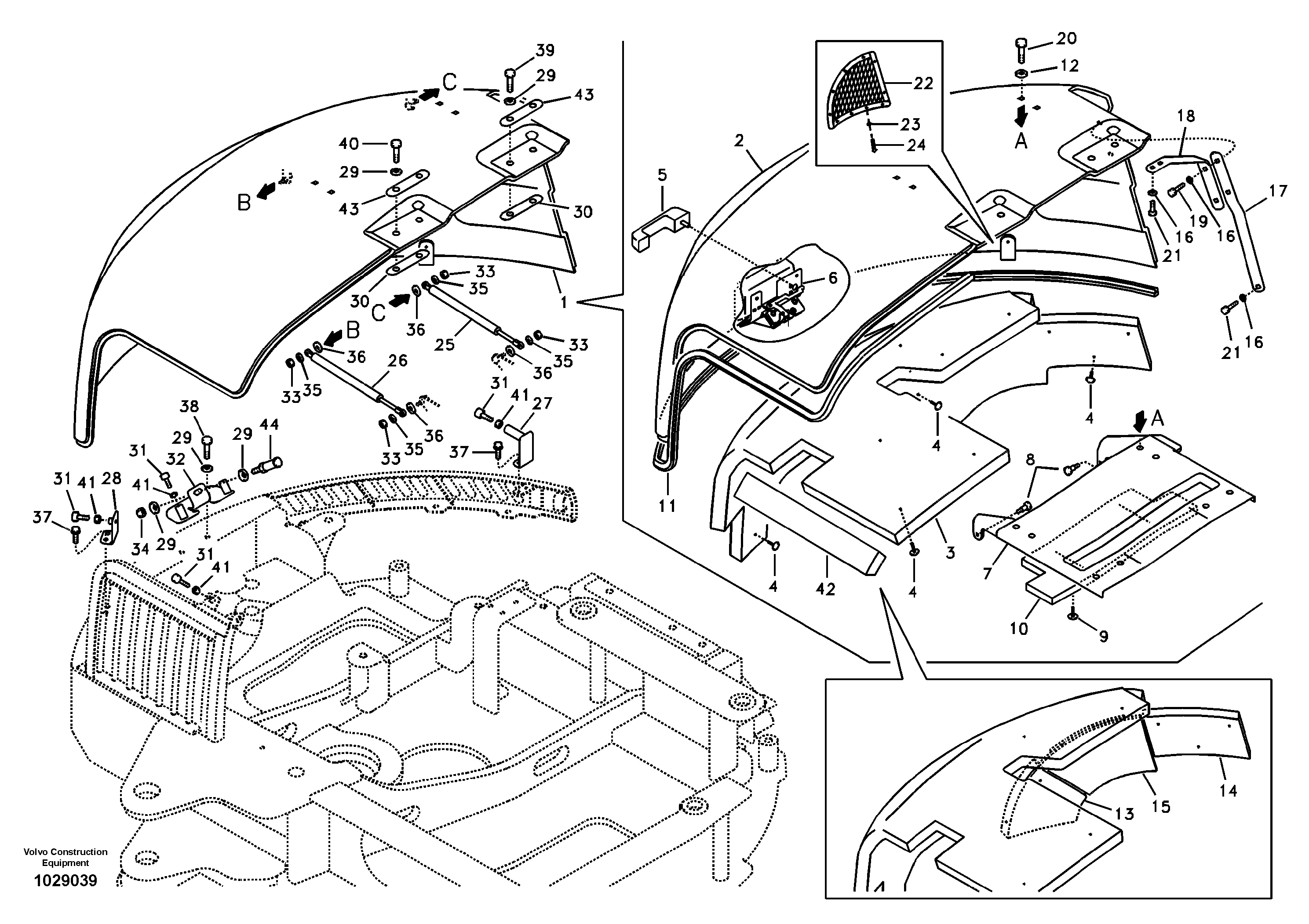 Схема запчастей Volvo ECR58 - 4633 Cowl frame, cover and hood 
