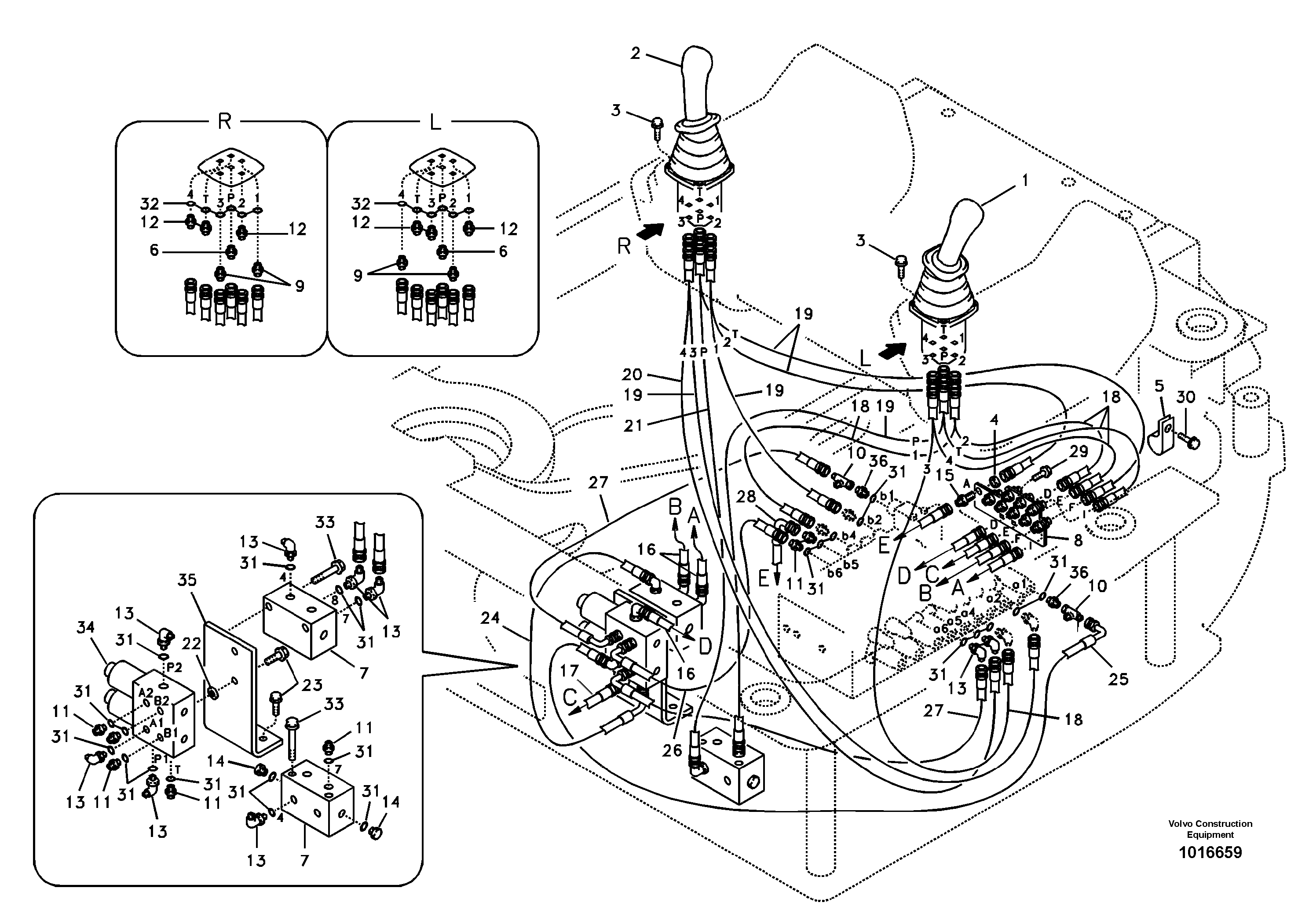 Схема запчастей Volvo ECR58 - 24818 Servo system, control valve to remote control valve 