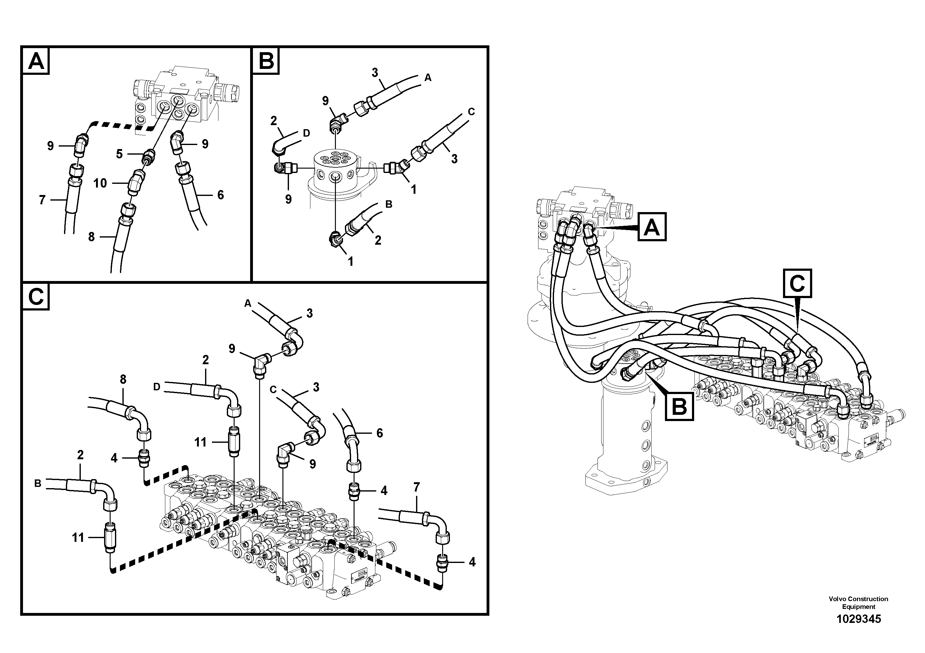 Схема запчастей Volvo EC60C - 104925 Turning joint line, control valve to turning joint 