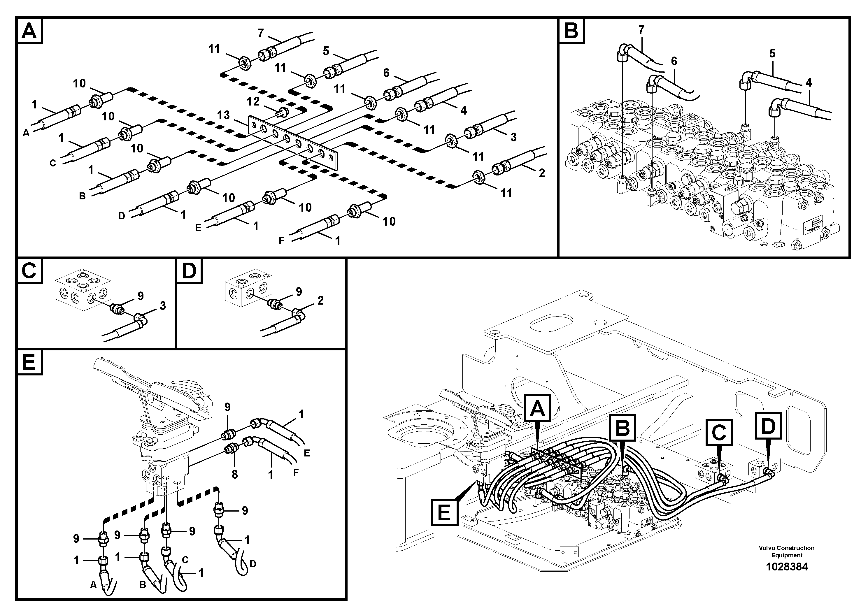 Схема запчастей Volvo EC60C - 47551 Servo system, control valve to solenoid valve and swing motor 