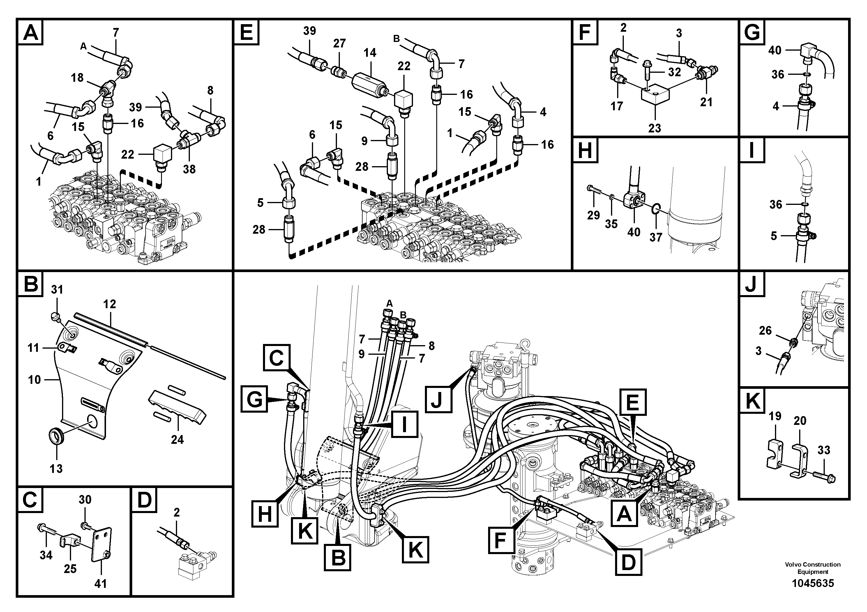 Схема запчастей Volvo EW60C - 103725 Hydraulic system, control valve to boom and swing 
