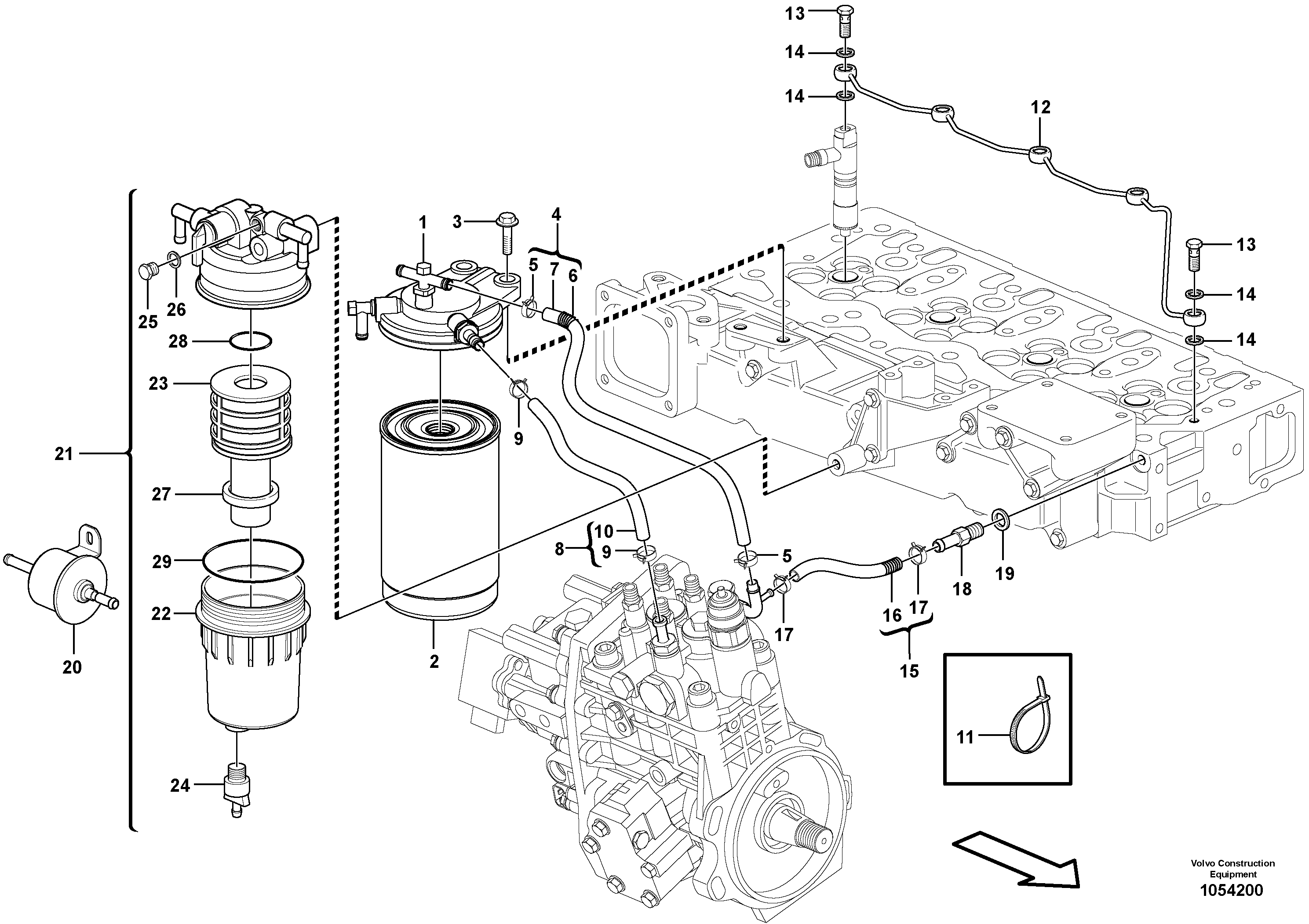Схема запчастей Volvo EW60C - 55443 Fuel pipes, fuel injec.pump-fuel filter 