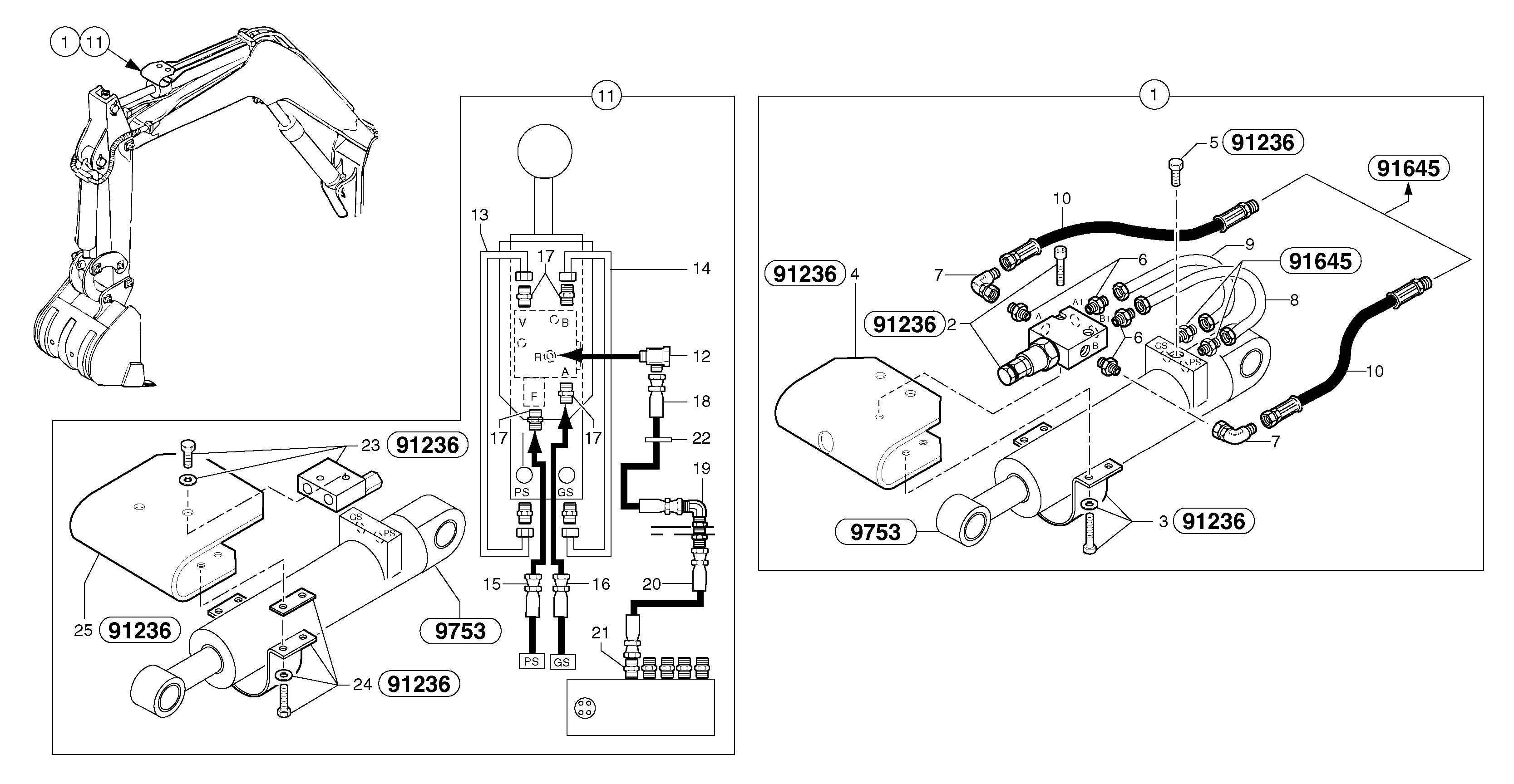 Схема запчастей Volvo EC15 - 106940 Hydraulic circuit ( safety valve / dipper arm ) EC15 TYPE 261 XT/XTV