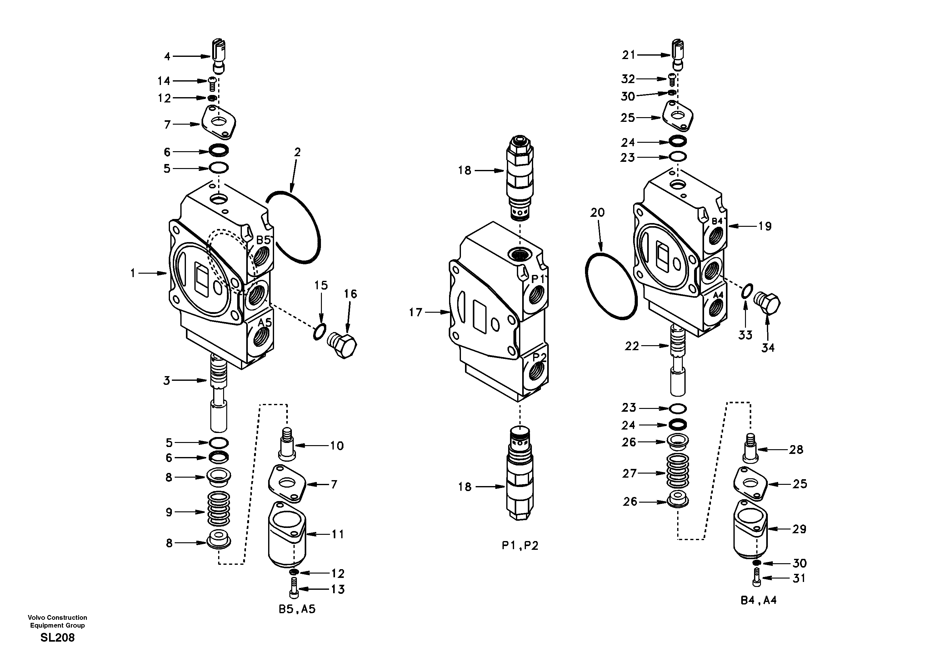 Схема запчастей Volvo EC55 - 95194 Main control valve, travel Lh and mid inlet and travel Rh EC55 SER NO 5001-