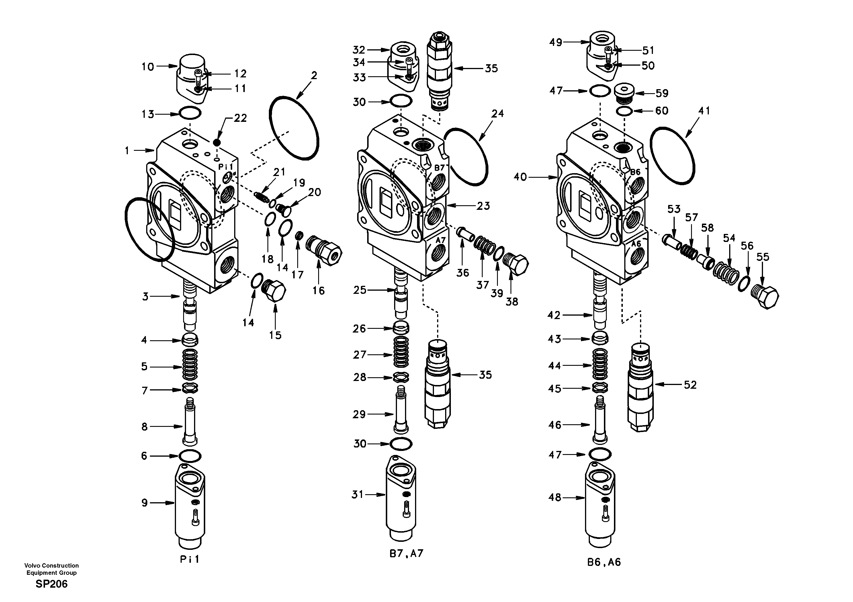Схема запчастей Volvo EC55 - 91525 Main control valve, travel straight forward and dipper arm 1 and boom 2 EC55 SER NO 20001-