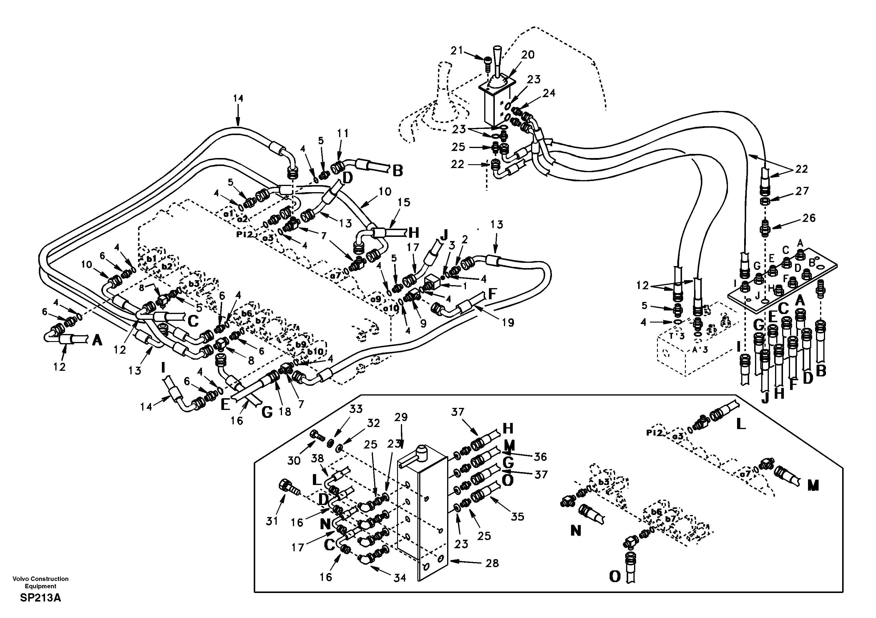 Схема запчастей Volvo EC55 - 38793 Servo system, control valve to remote control valve EC55 SER NO 20001-