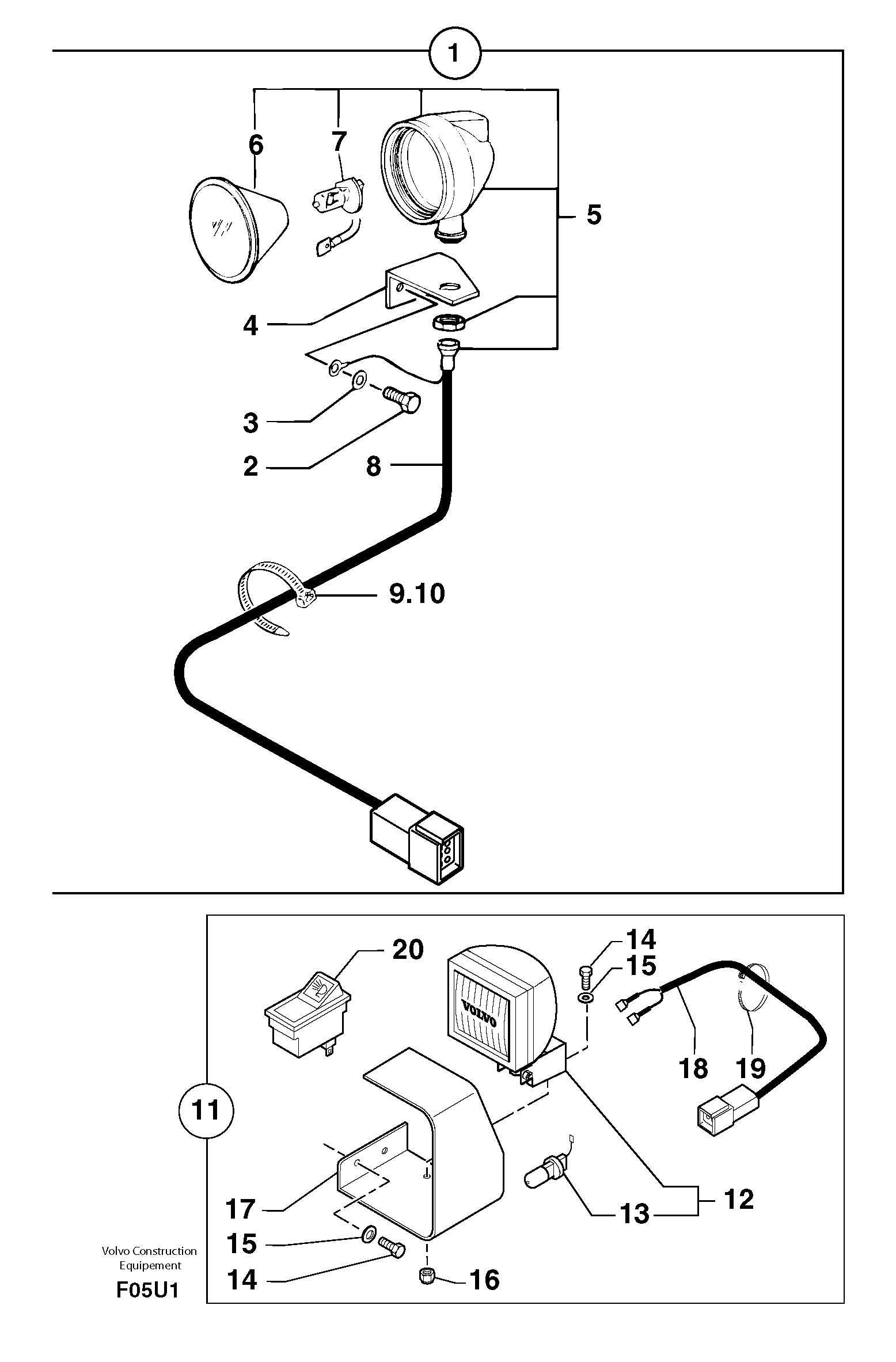 Схема запчастей Volvo EC70 - 345 Work light on boom EC70 TYPE 233