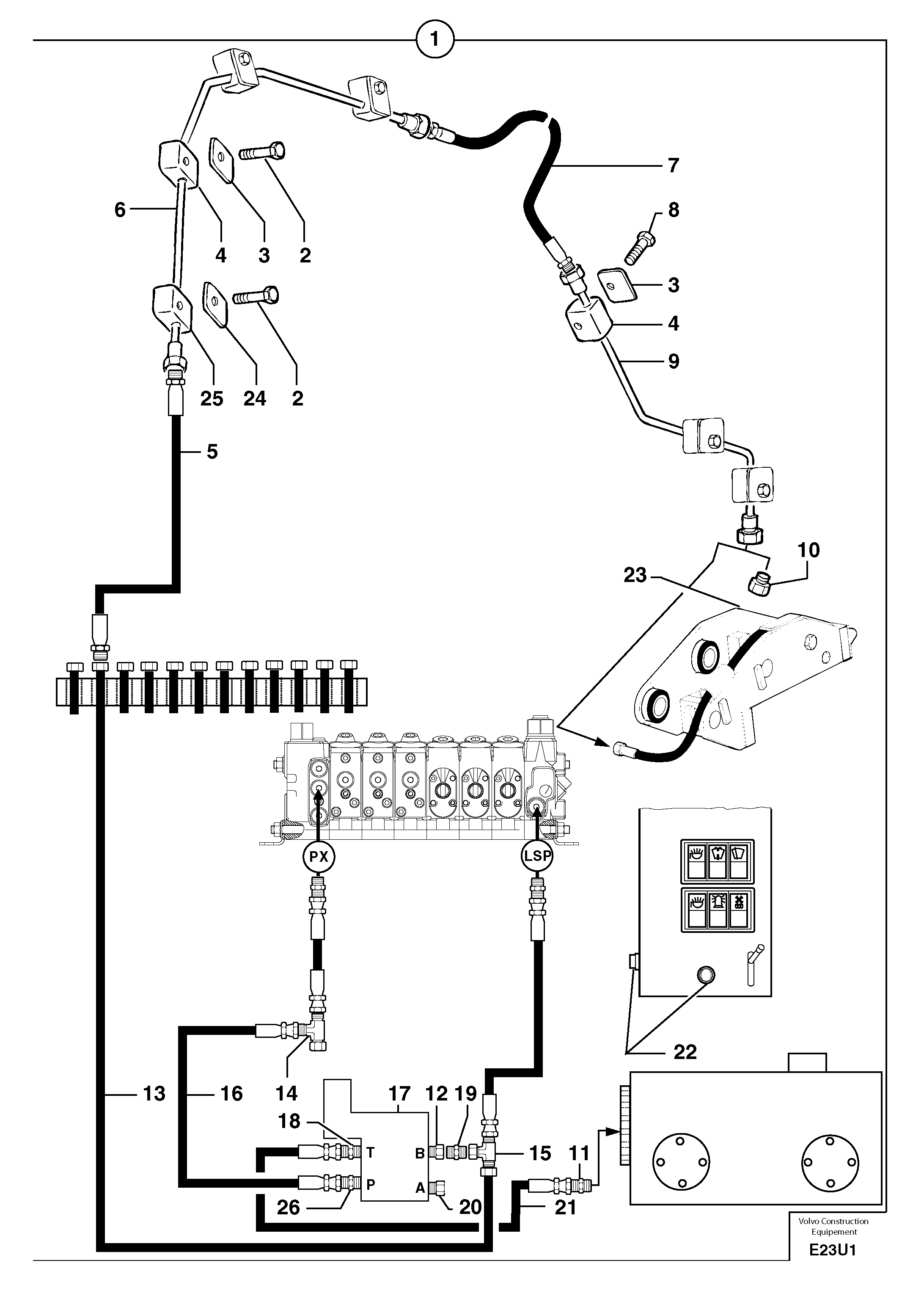 Схема запчастей Volvo EC70 - 95073 Hydraulic circuit ( snap-action attachment ) EC70 TYPE 233