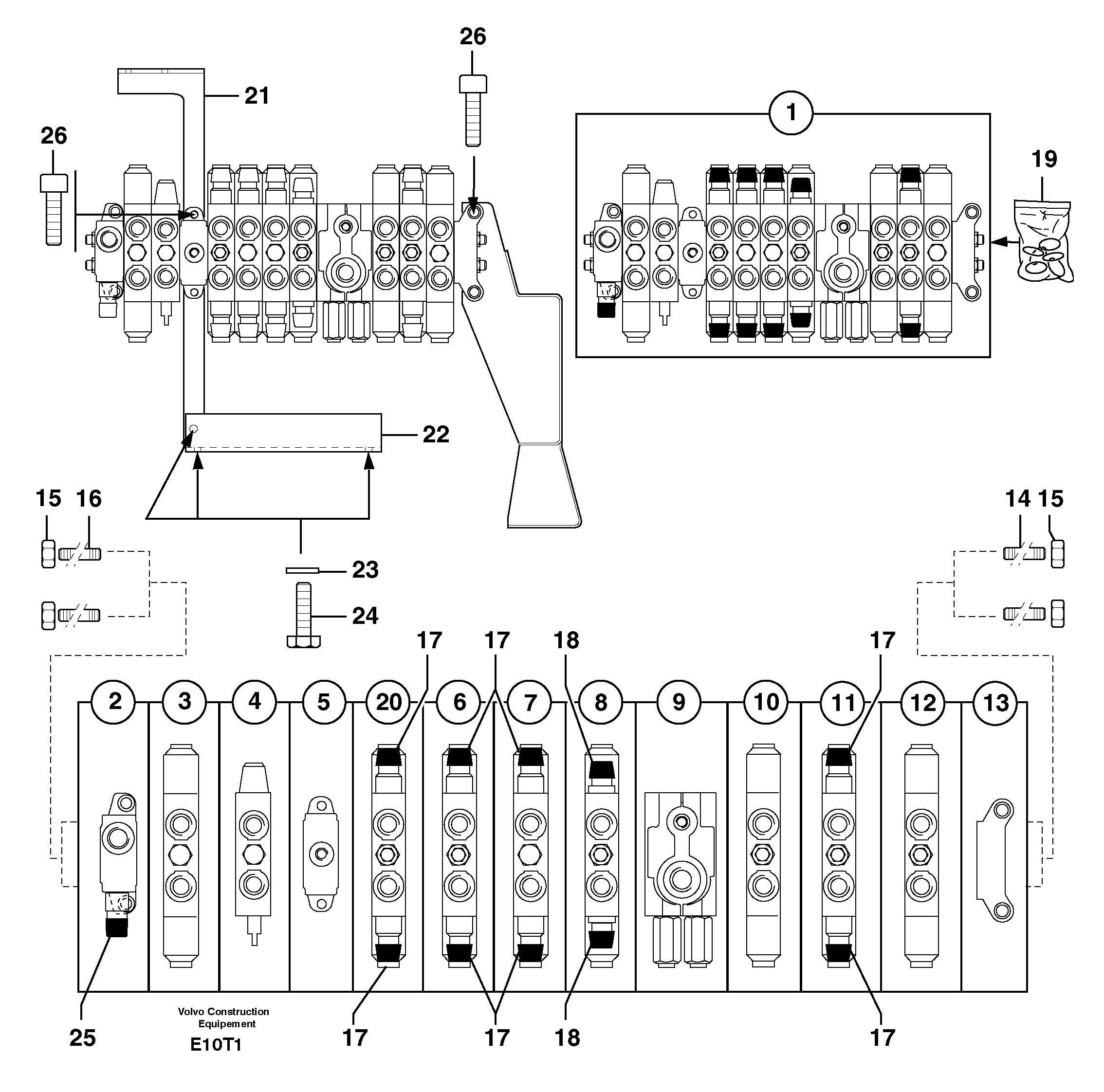 Схема запчастей Volvo EW50 - 33206 Клапан регулирующий (распределительный) девятиходовой EW50VV TYPE 256