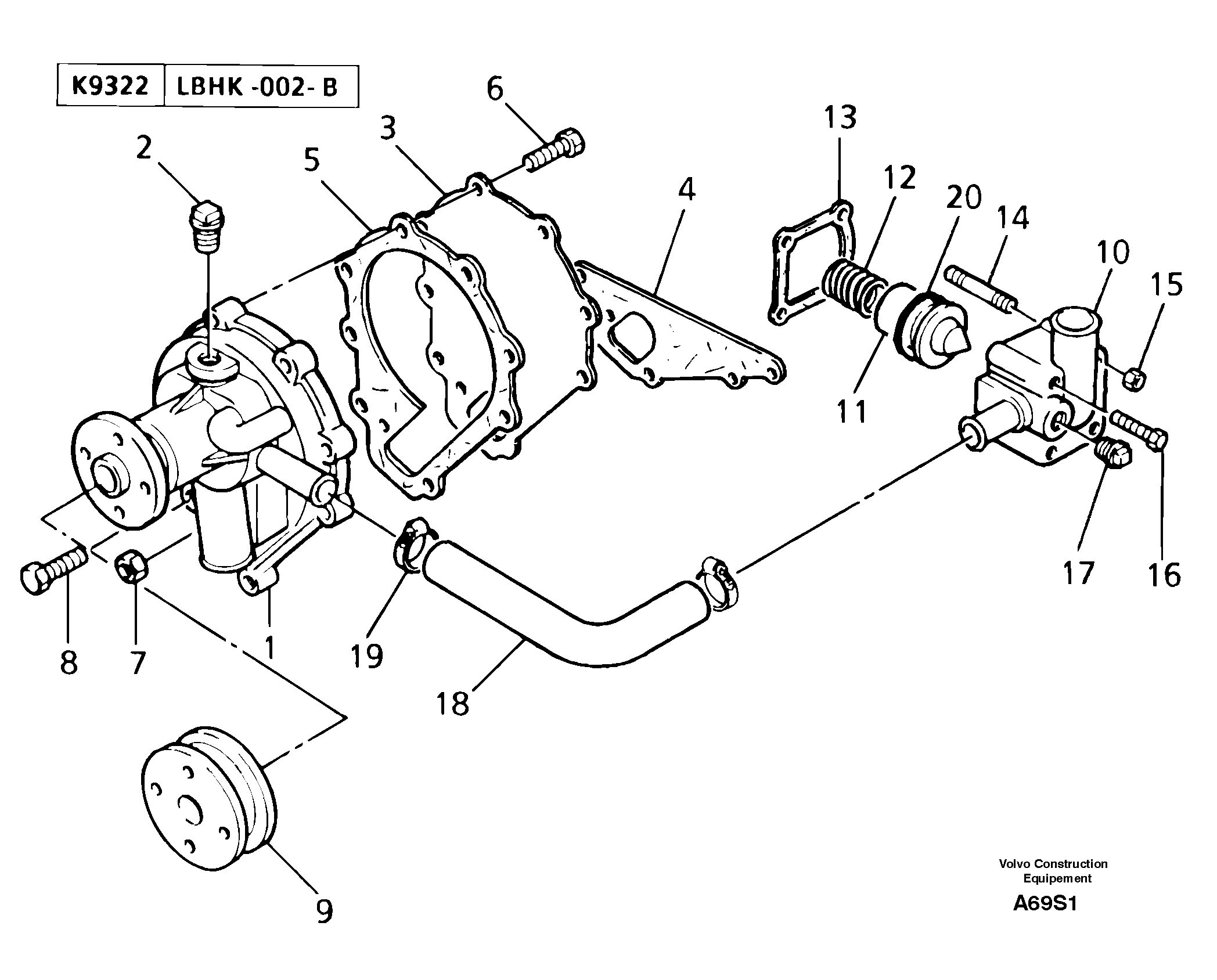 Схема запчастей Volvo EW50 - 12781 Water pump / thermostat EW50 TYPE 256
