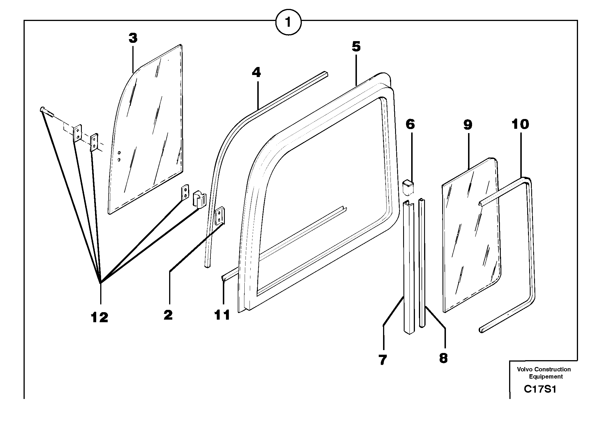 Схема запчастей Volvo EW50 - 7612 Cab : sliding window ( right ) EW50 TYPE 256