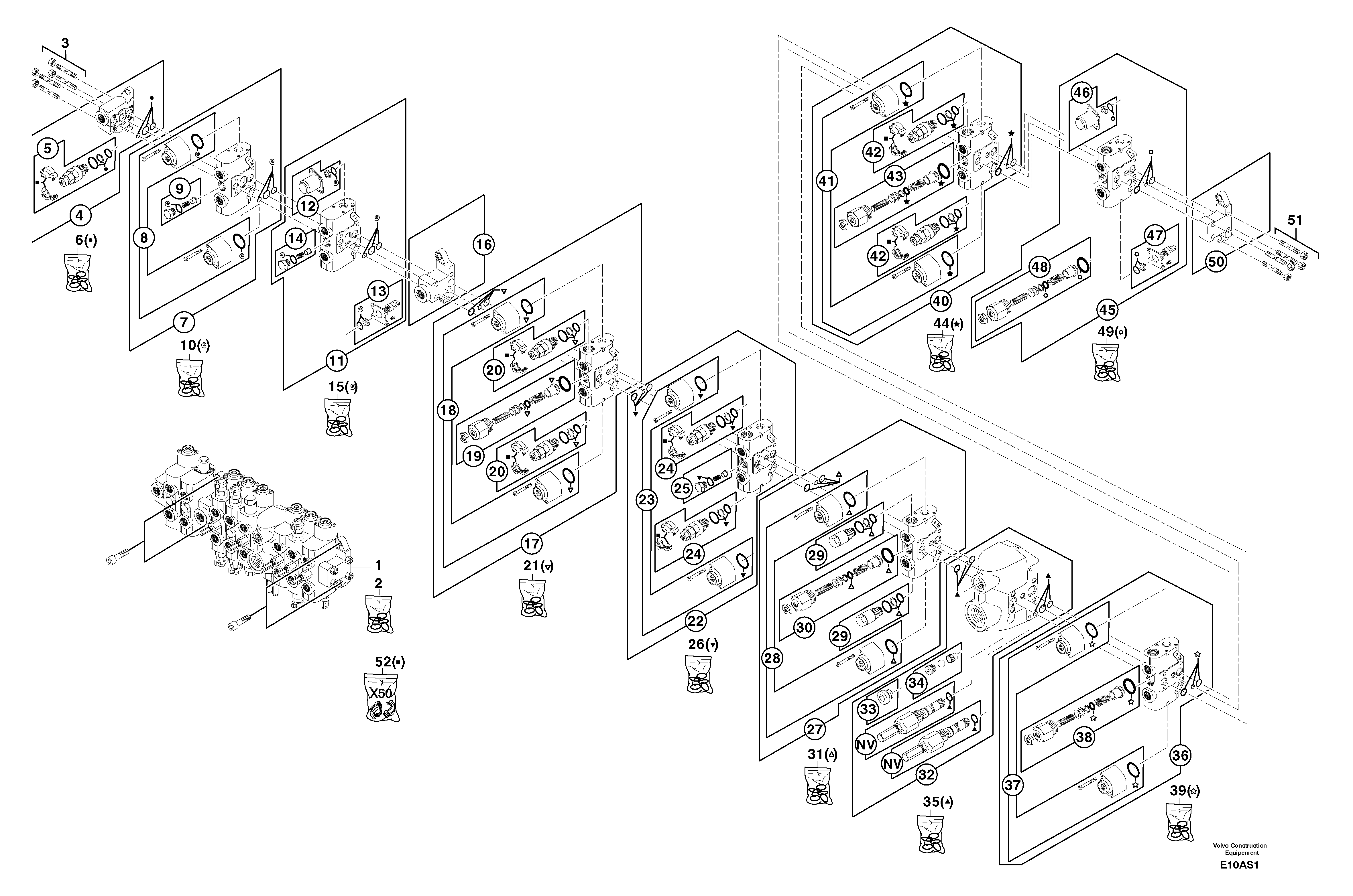 Схема запчастей Volvo EW50 - 13592 Клапан регулирующий (распределительный) восьмиходовой EW50 TYPE 256