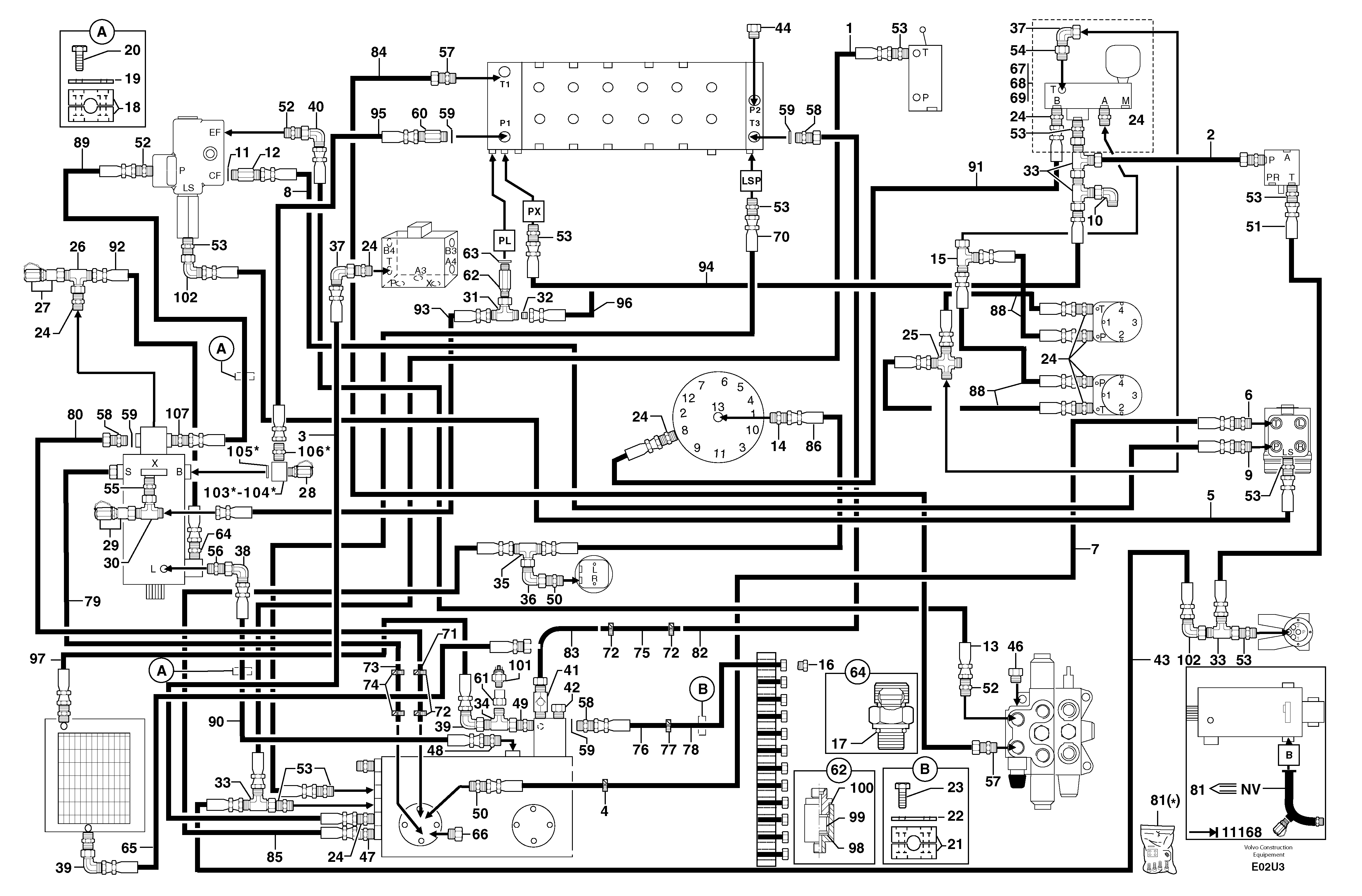 Схема запчастей Volvo EW70 - 102039 Attachments supply and return circuit EW70 TYPE 262