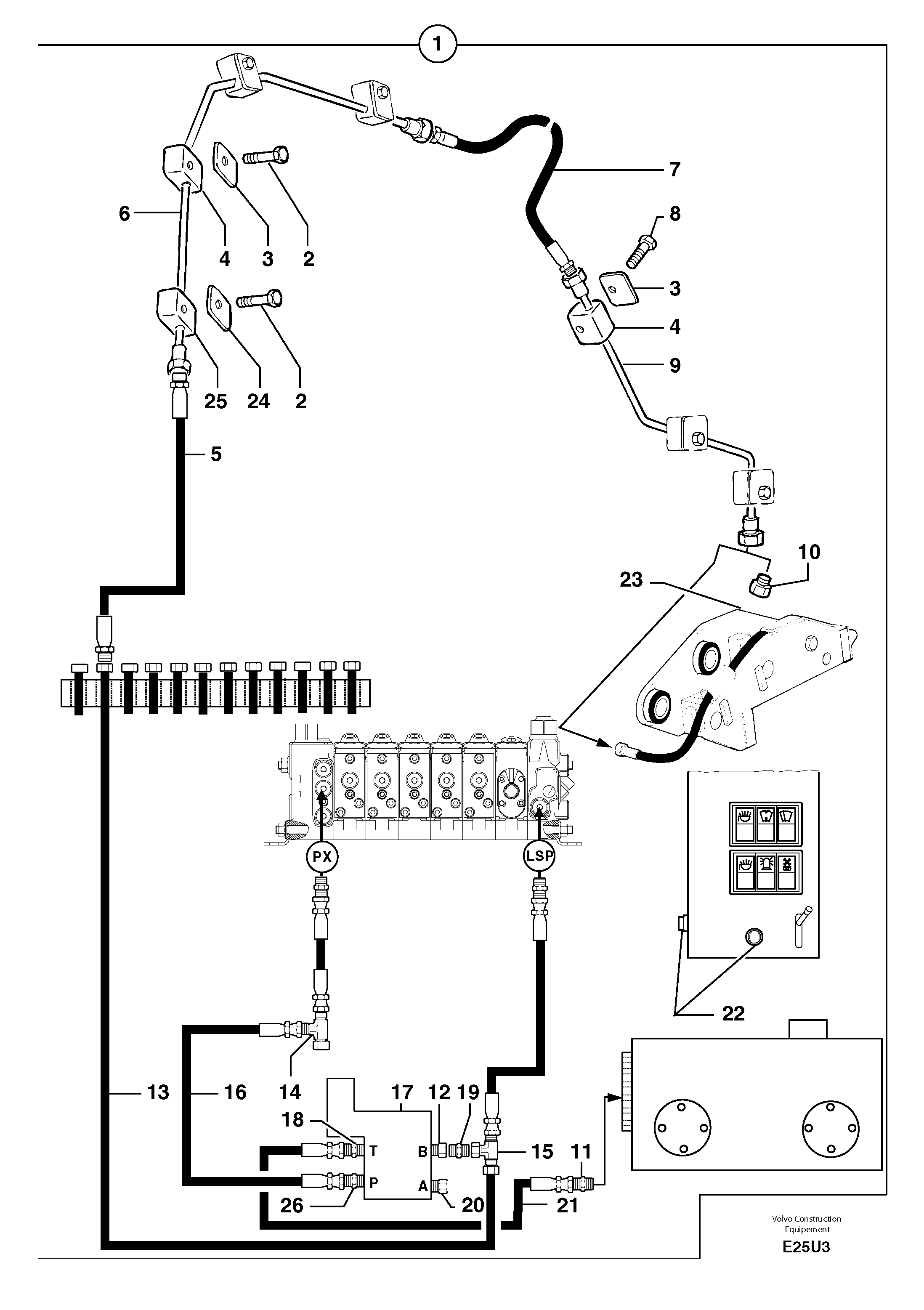 Схема запчастей Volvo EW70 - 94156 Hydraulic circuit ( snap-action attachment ) EW70 TYPE 262
