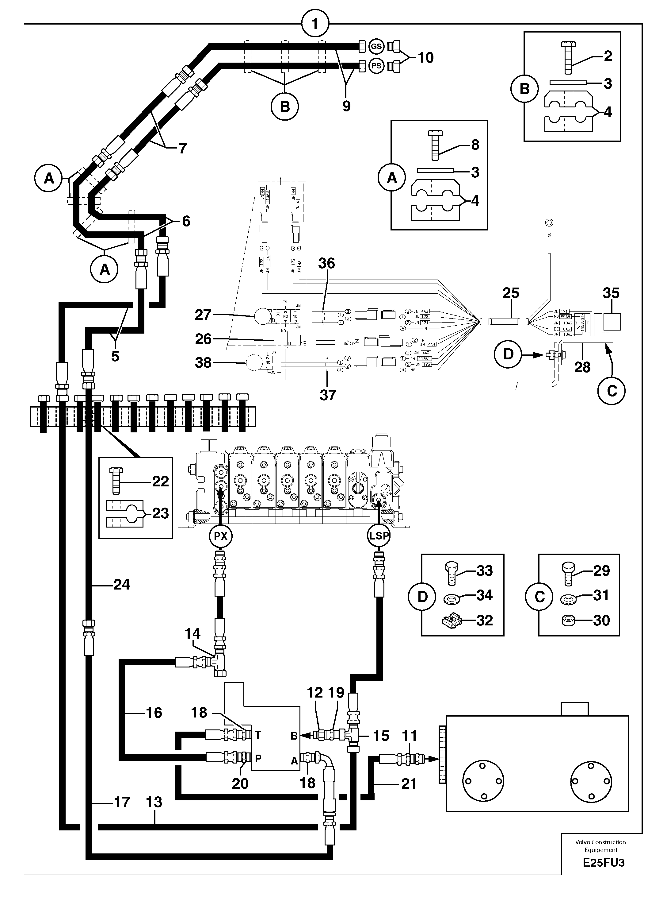 Схема запчастей Volvo EW70 - 96004 Hyd. circuit (quickfit/double-acting) EW70 TYPE 262