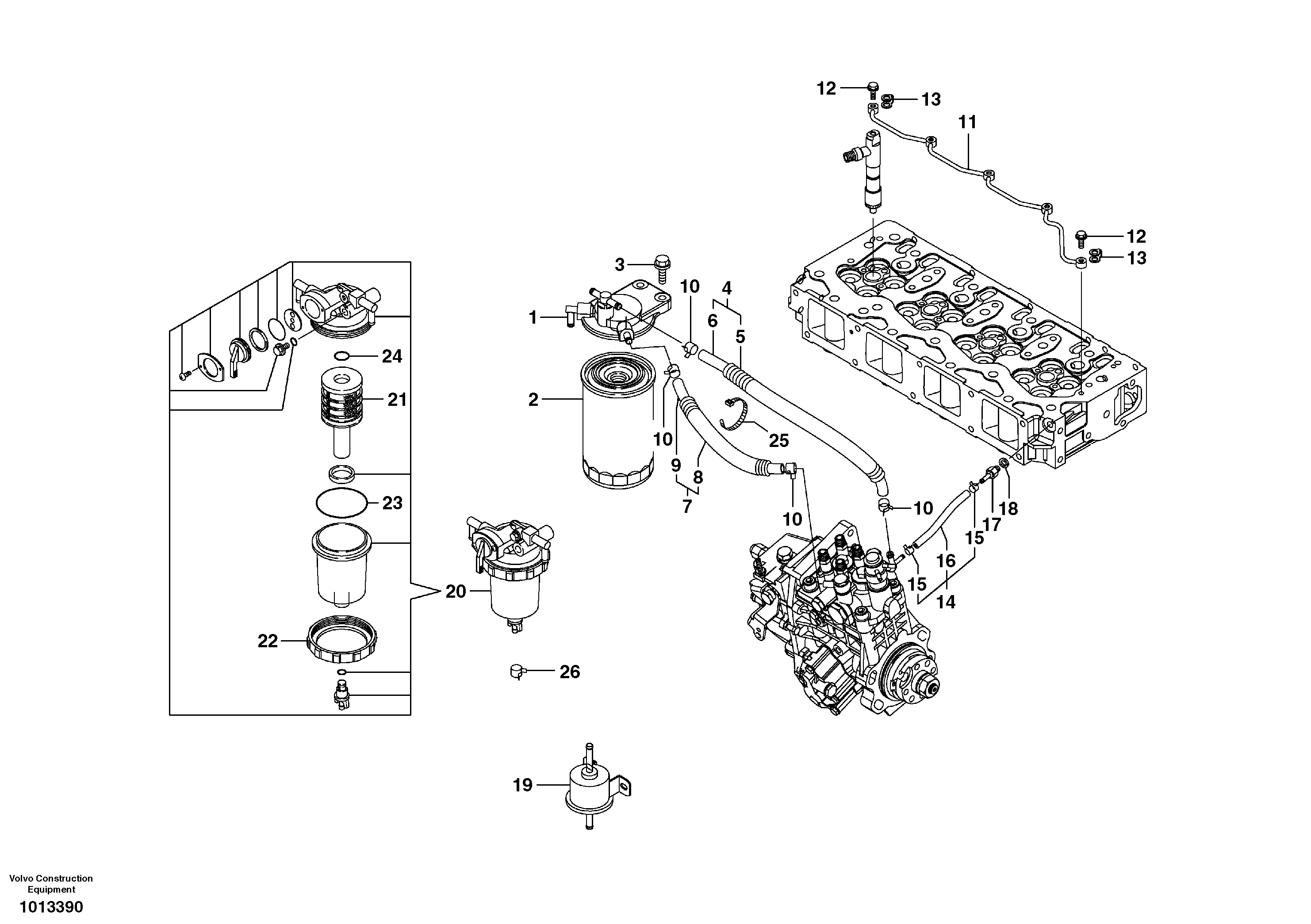 Схема запчастей Volvo ECR88 - 26388 Fuel pipes, fuel injec.pump-fuel filter ECR88 S/N 10001-14010