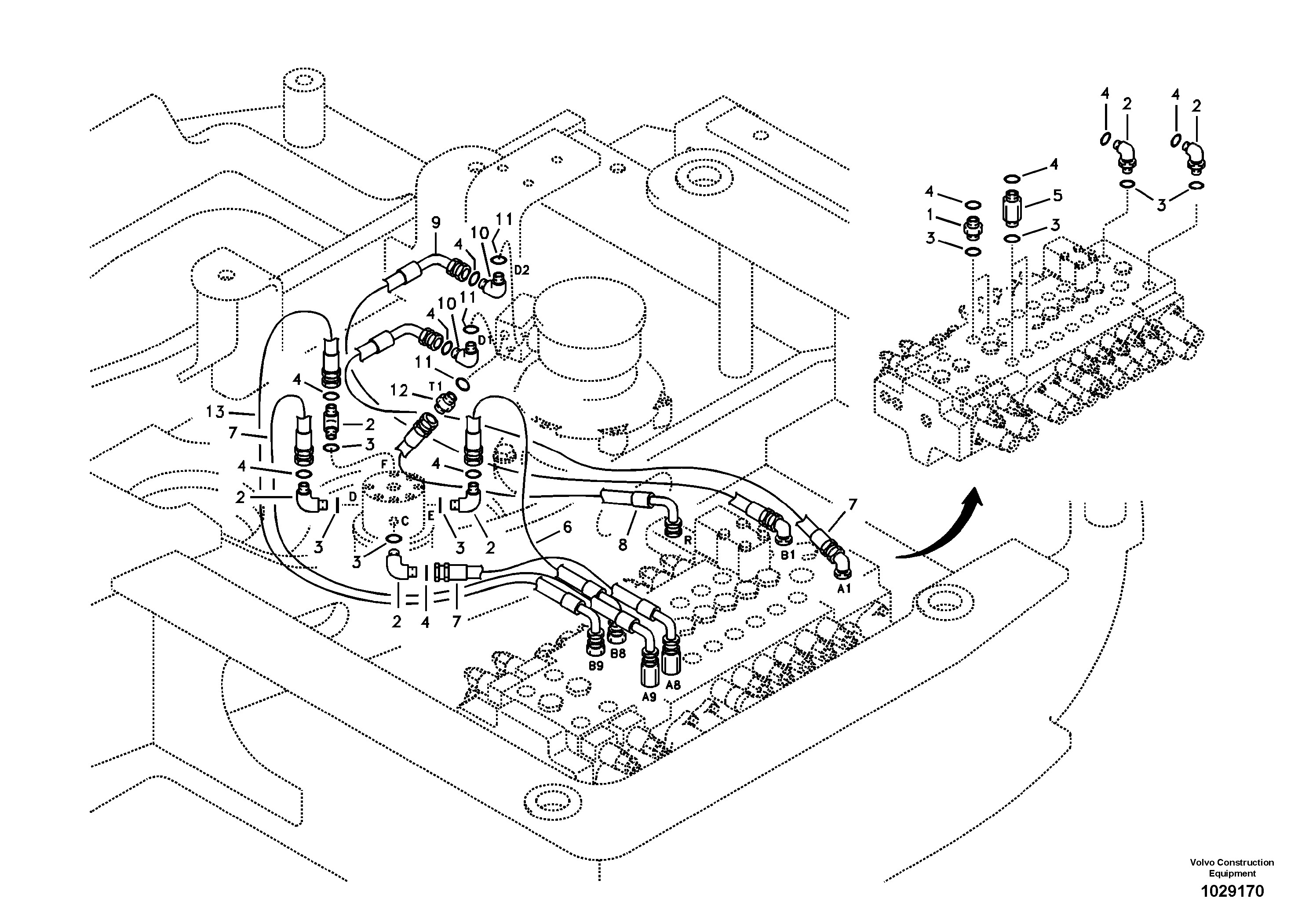 Схема запчастей Volvo ECR88 - 18271 Turning joint line, control valve to turning joint ECR88 S/N 14011-