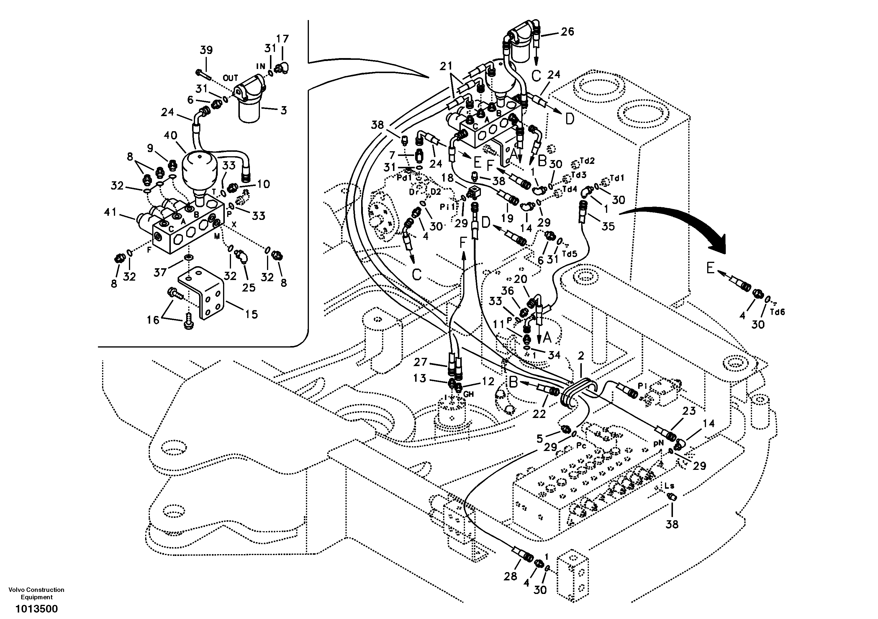 Схема запчастей Volvo ECR88 - 23087 Servo system, control valve to solenoid valve and swing motor ECR88 S/N 10001-14010