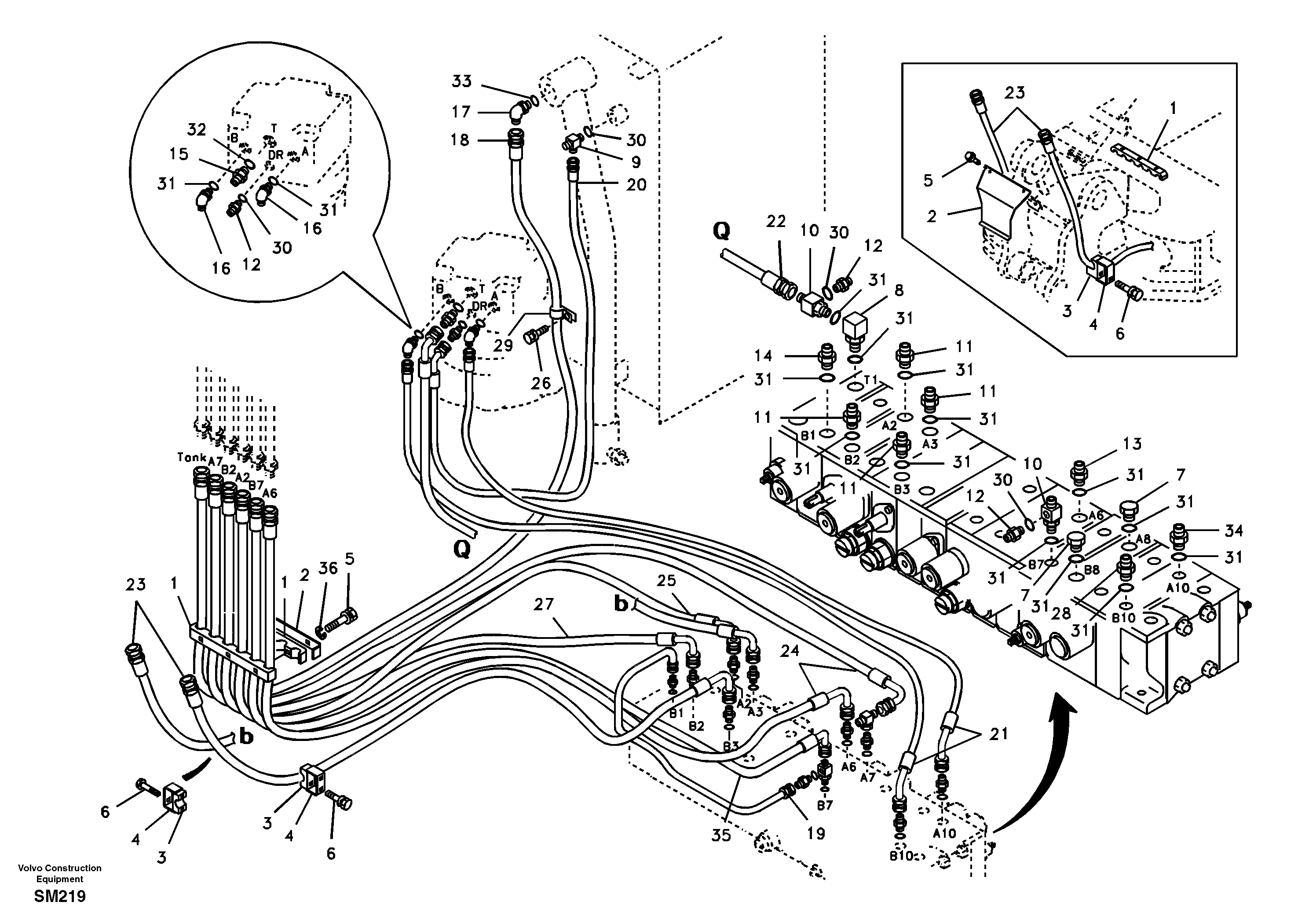 Схема запчастей Volvo EW55 SER NO 5630- - 93948 Hydraulic system, control valve to boom and swing 