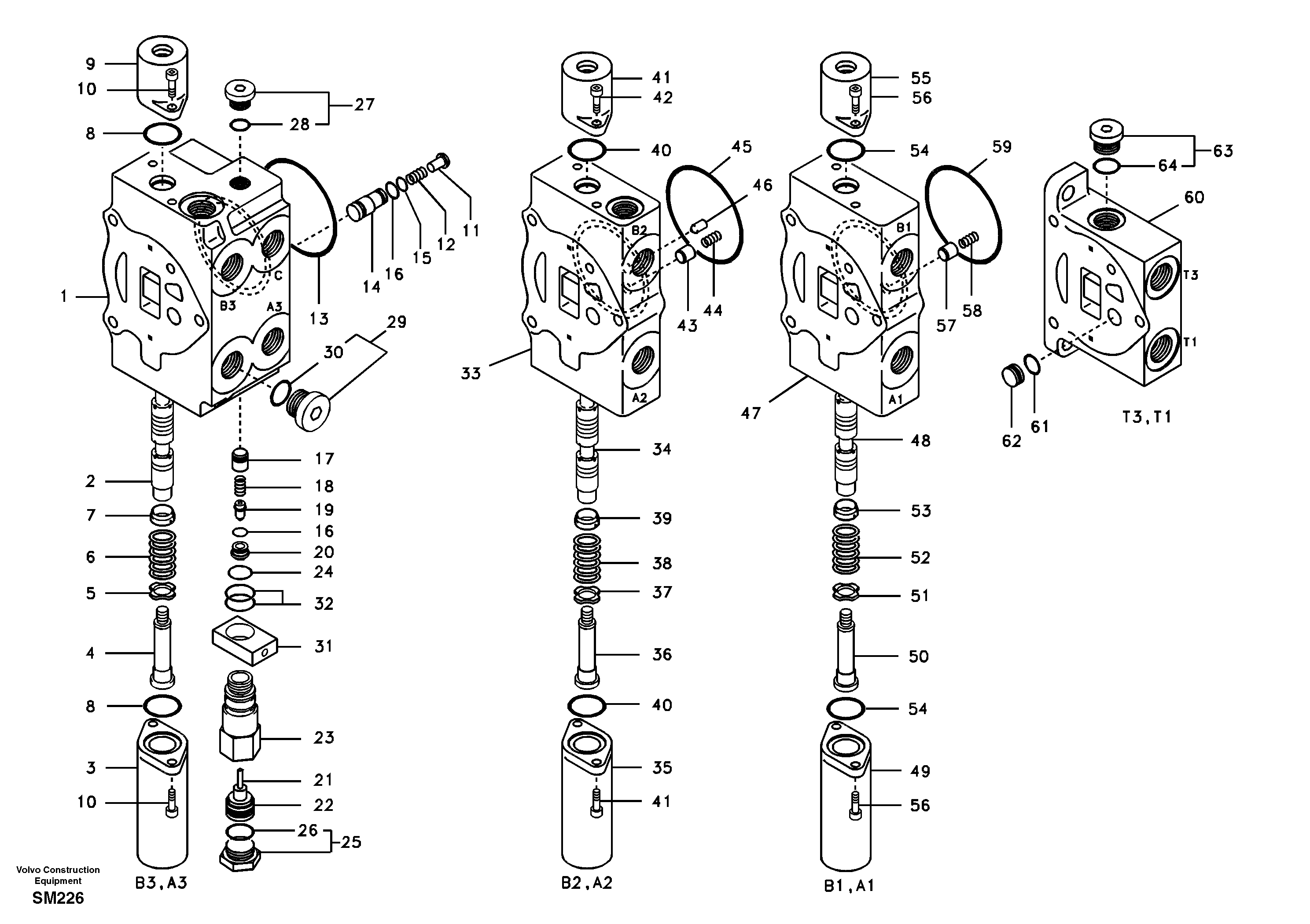 Схема запчастей Volvo EW55 SER NO 5630- - 41284 Main control valve, boom 1 and bucket and dipper arm 2 and outlet 