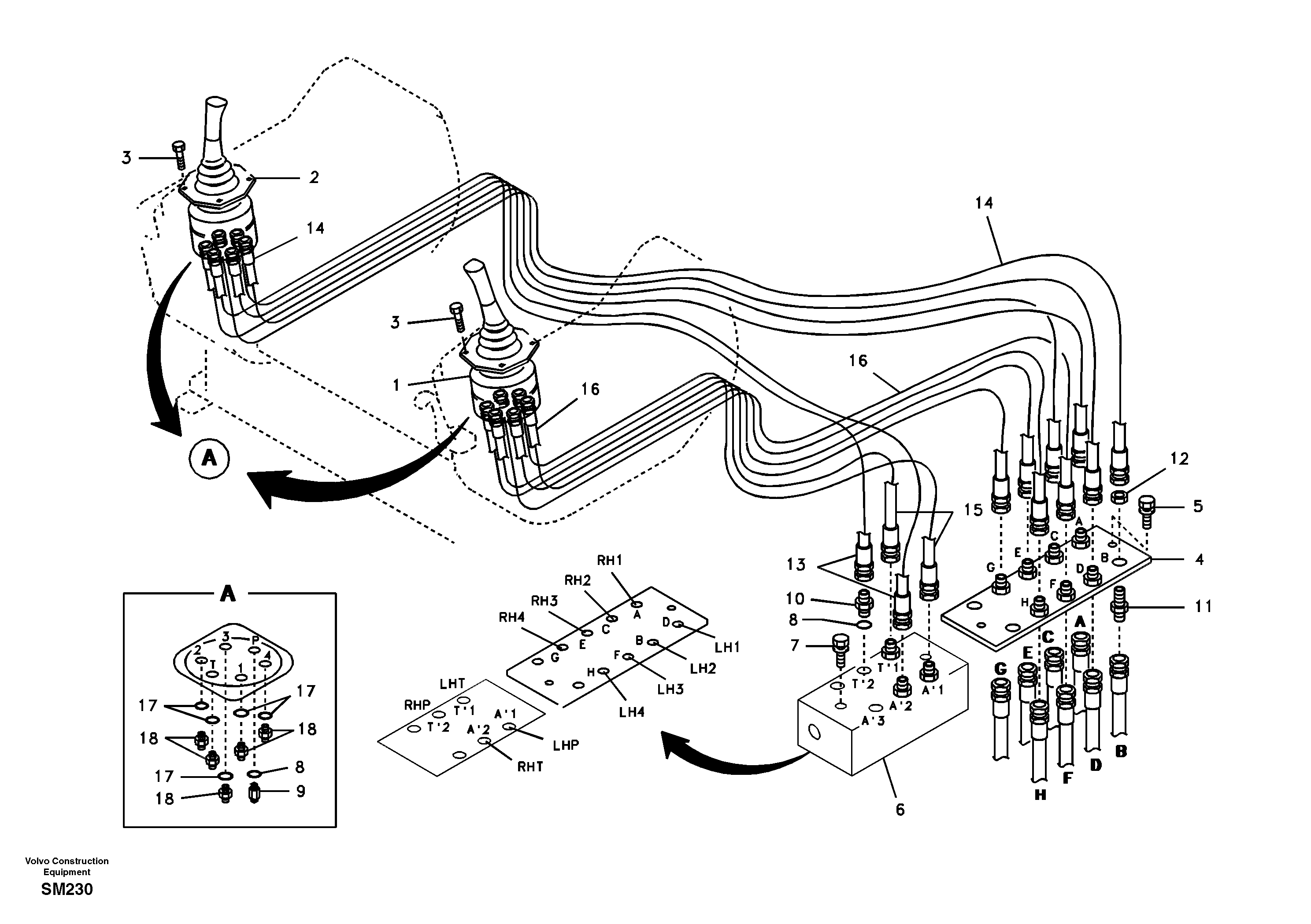 Схема запчастей Volvo EW55 SER NO 5630- - 19437 Servo system, control valve to remote control valve 