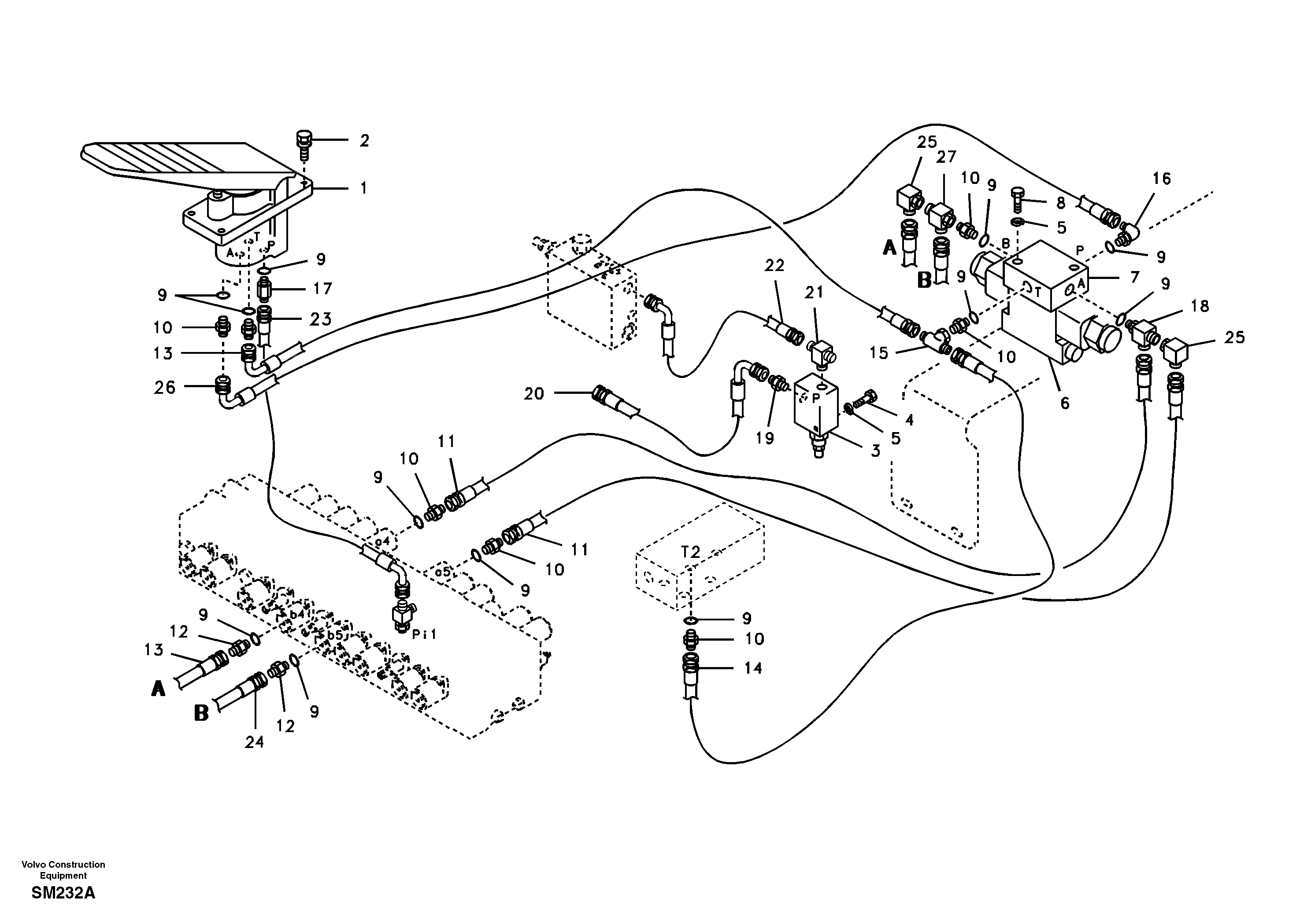 Схема запчастей Volvo EW55 SER NO 5630- - 80785 Servo system, control valve to remote control valve pedal 