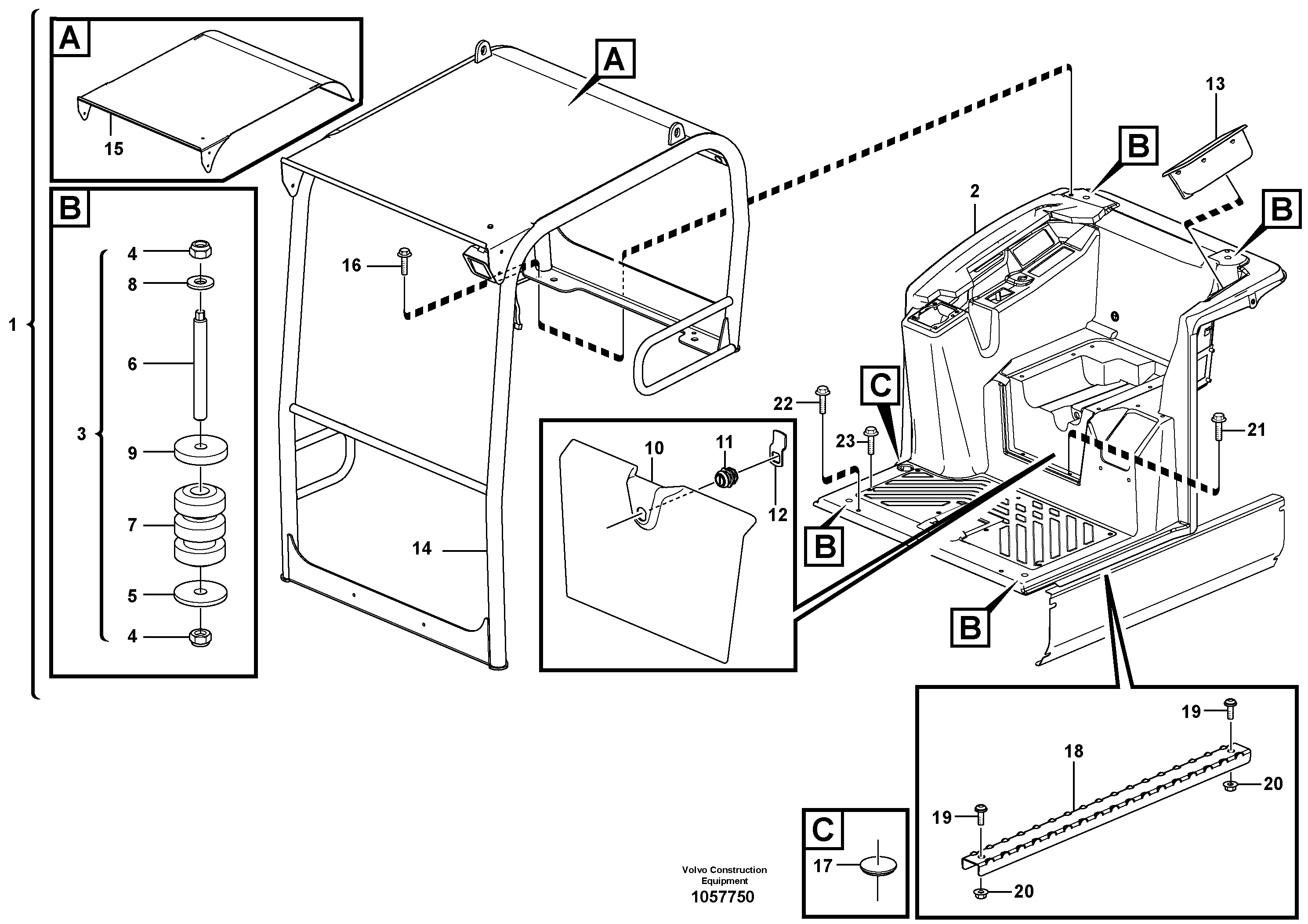 Схема запчастей Volvo EC15C - 89047 Cab body: roof and floor panel EC15C