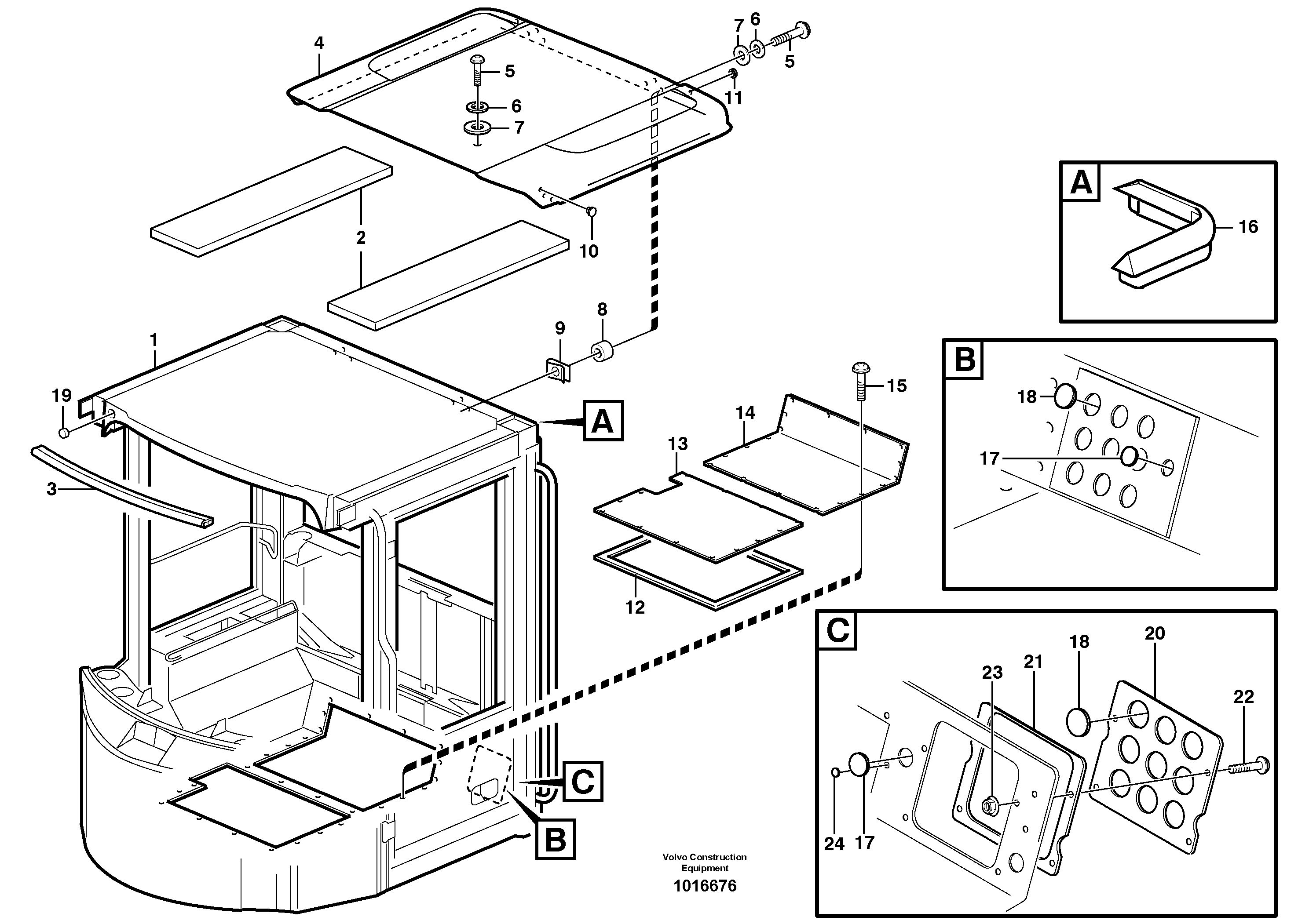 Схема запчастей Volvo L220D - 438 Cab body: roof and floor panel L220D SER NO 1001-
