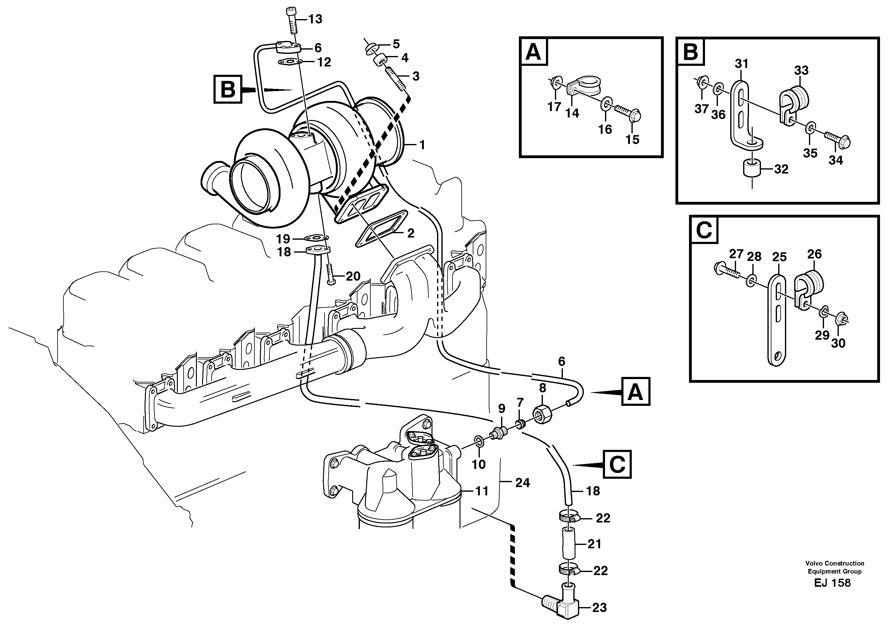 Схема запчастей Volvo L330D - 38168 Турбокомпрессор (турбина) с установочными деталями L330D