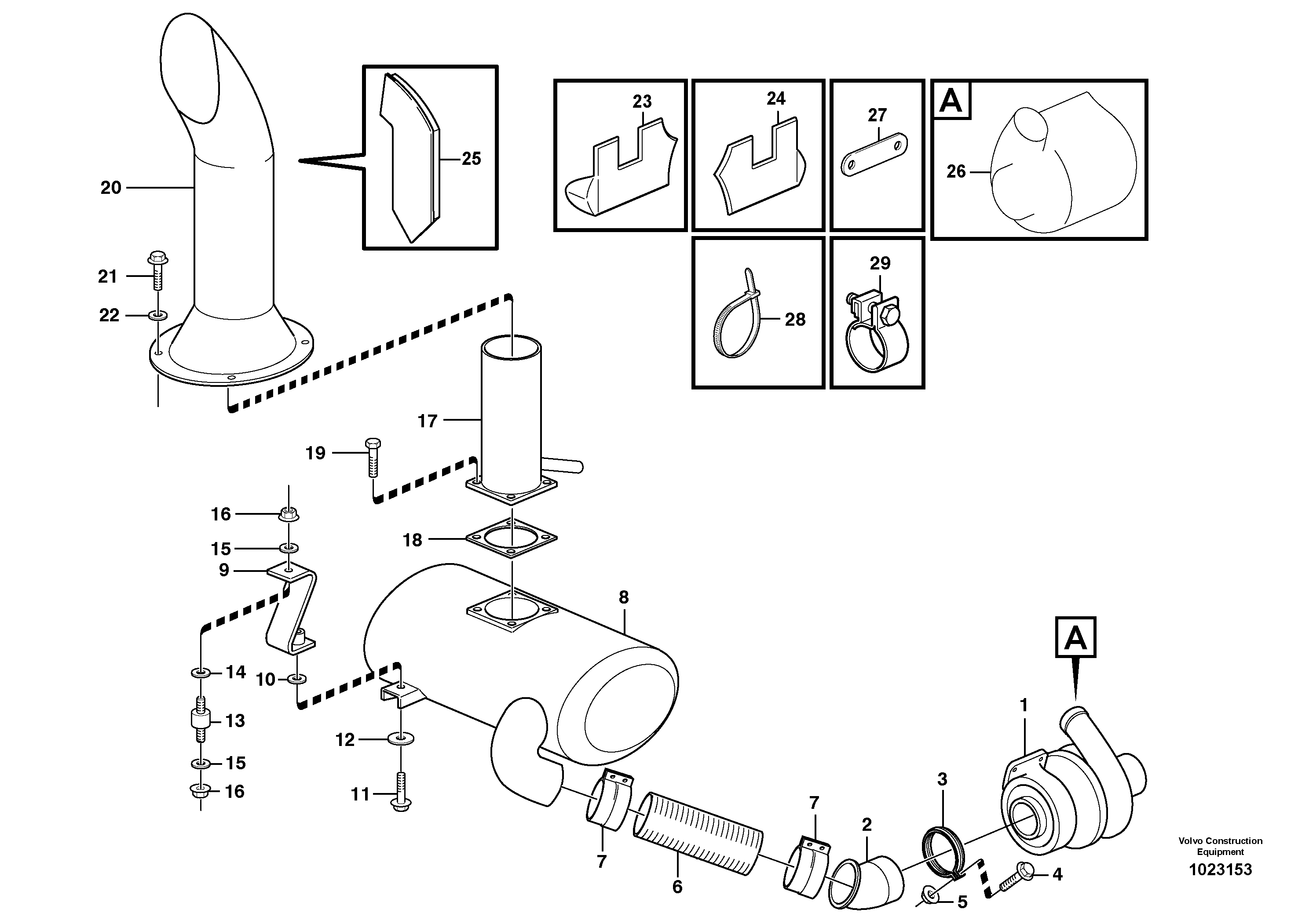 Схема запчастей Volvo L150E - 21147 Exhaust system, silencer L150E S/N 8001 -
