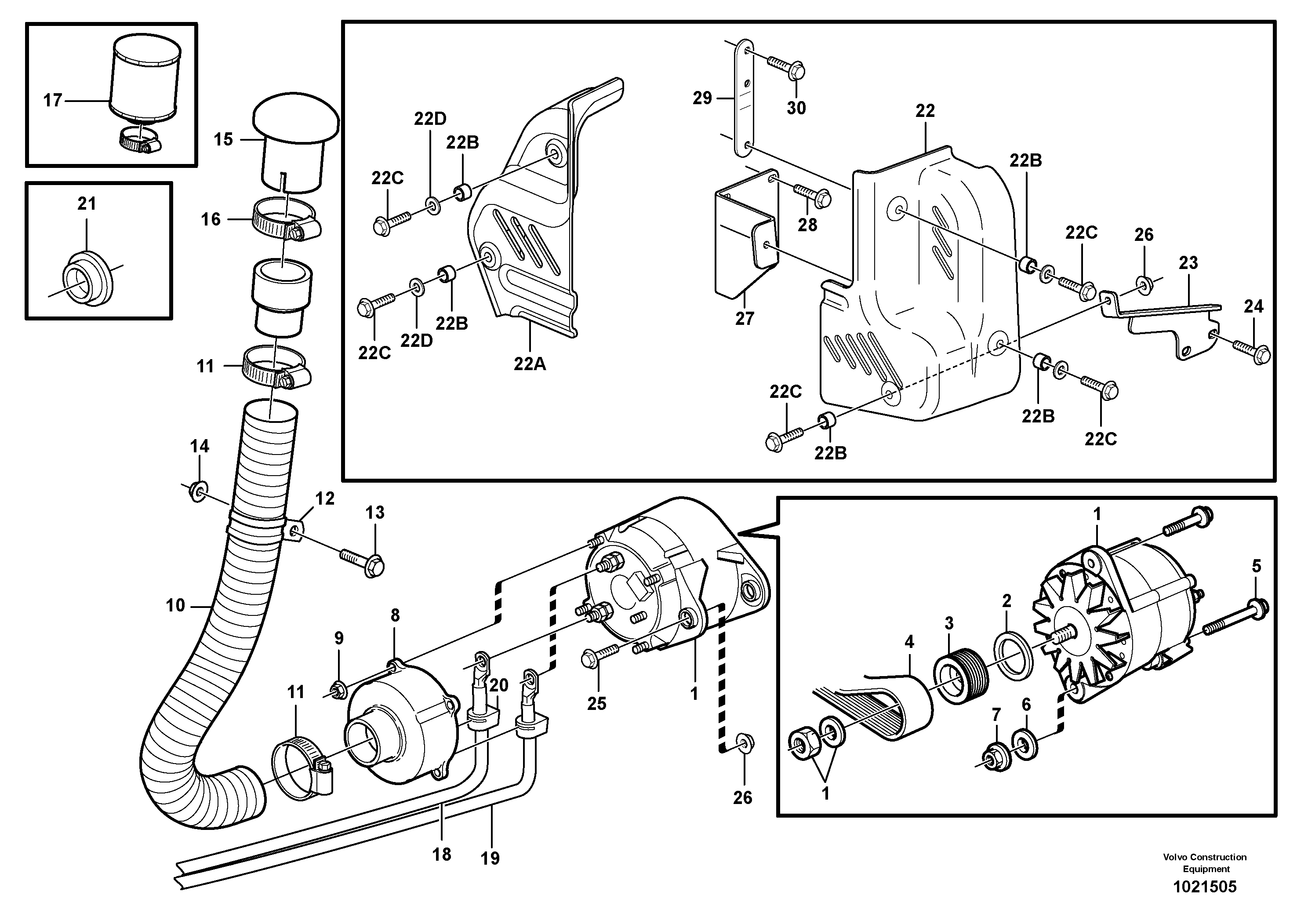 Схема запчастей Volvo L150E - 58251 Alternator with assembling details L150E S/N 8001 -
