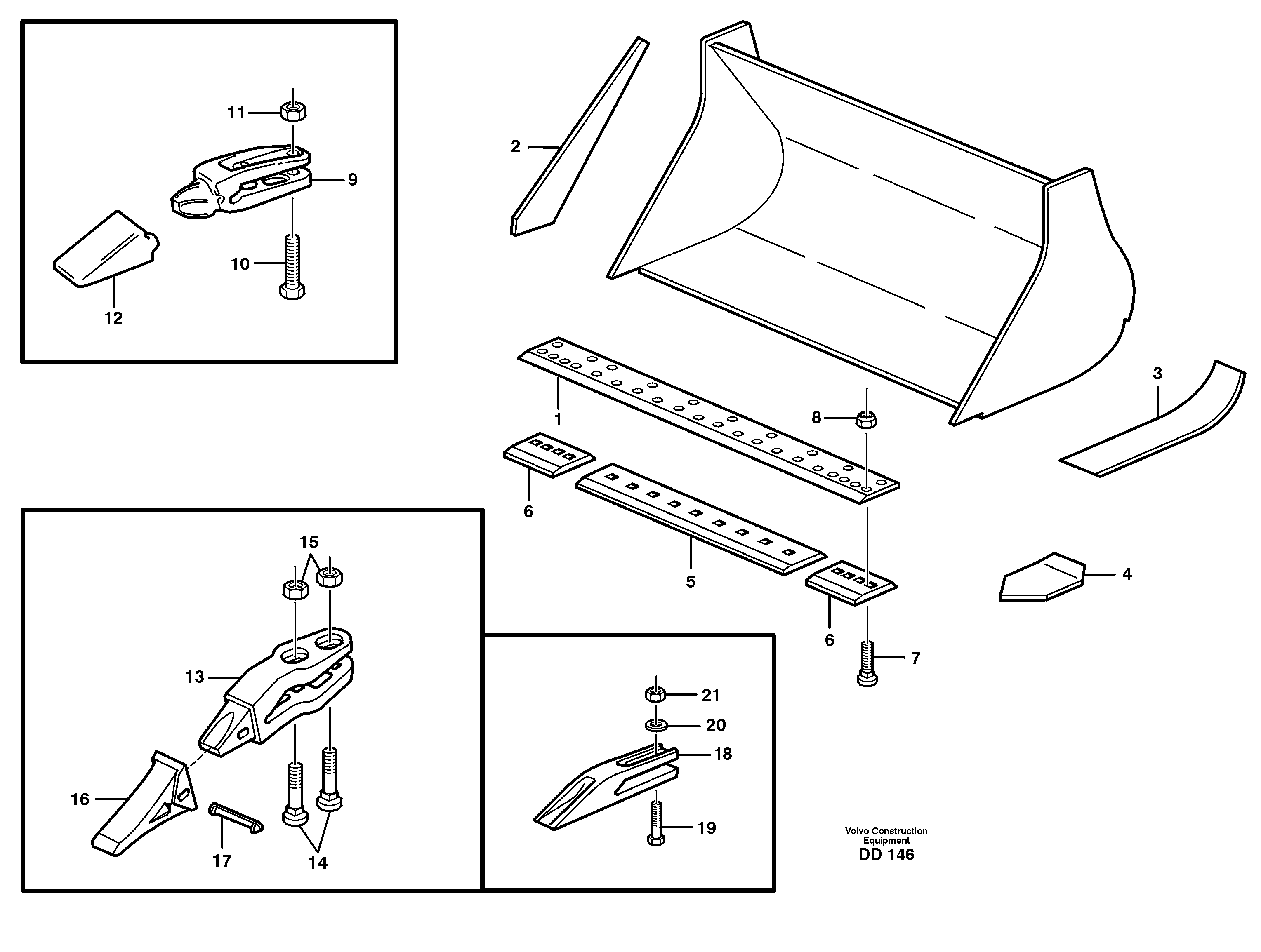 Схема запчастей Volvo EL70 - 57083 Bucket, straight lip, alt. edge savers or teeth ATTACHMENTS ATTACHMENTS WHEEL LOADERS GEN. - C