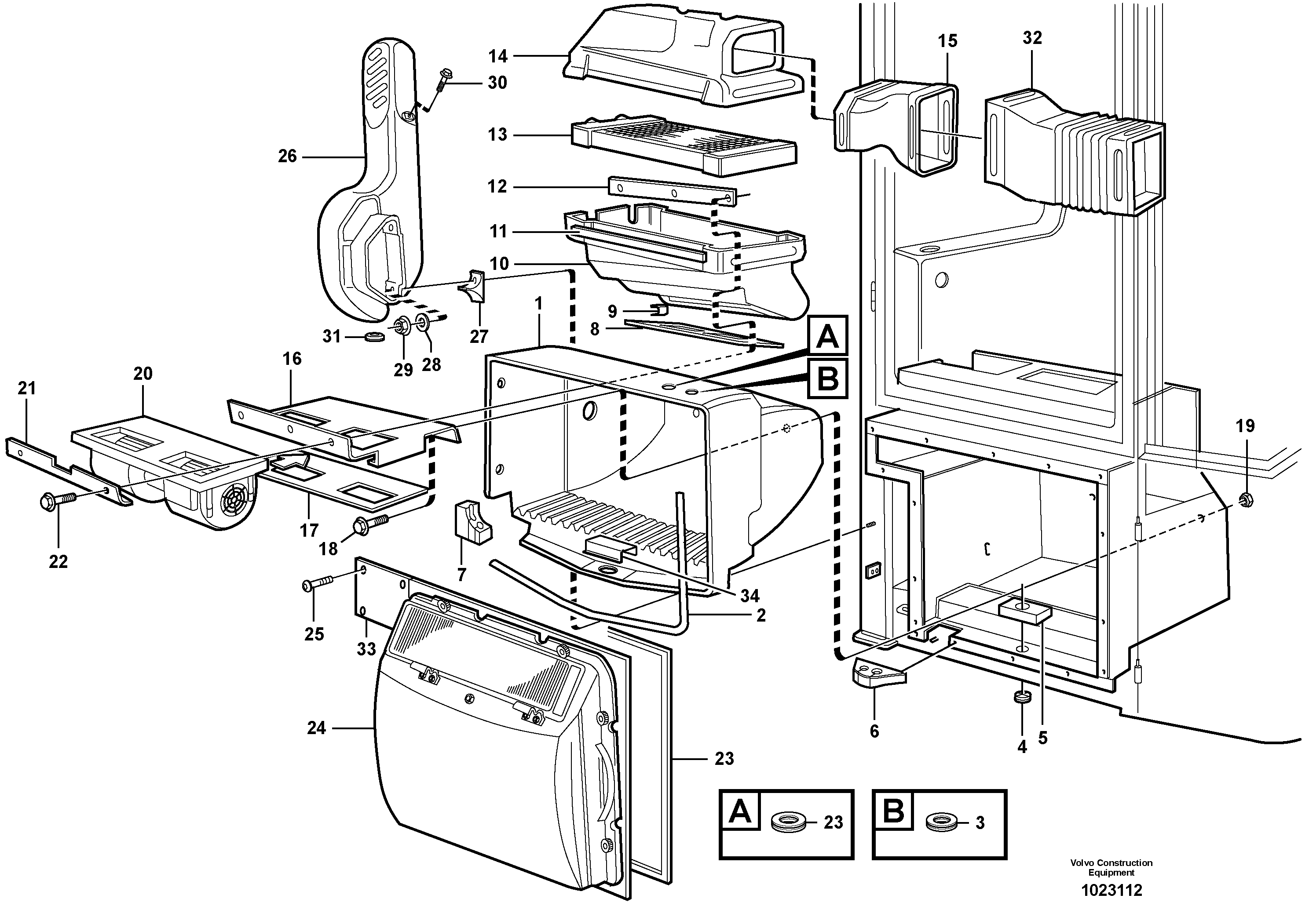 Схема запчастей Volvo L70E - 27847 Fresh air inlet, air filter and fan housing L70E