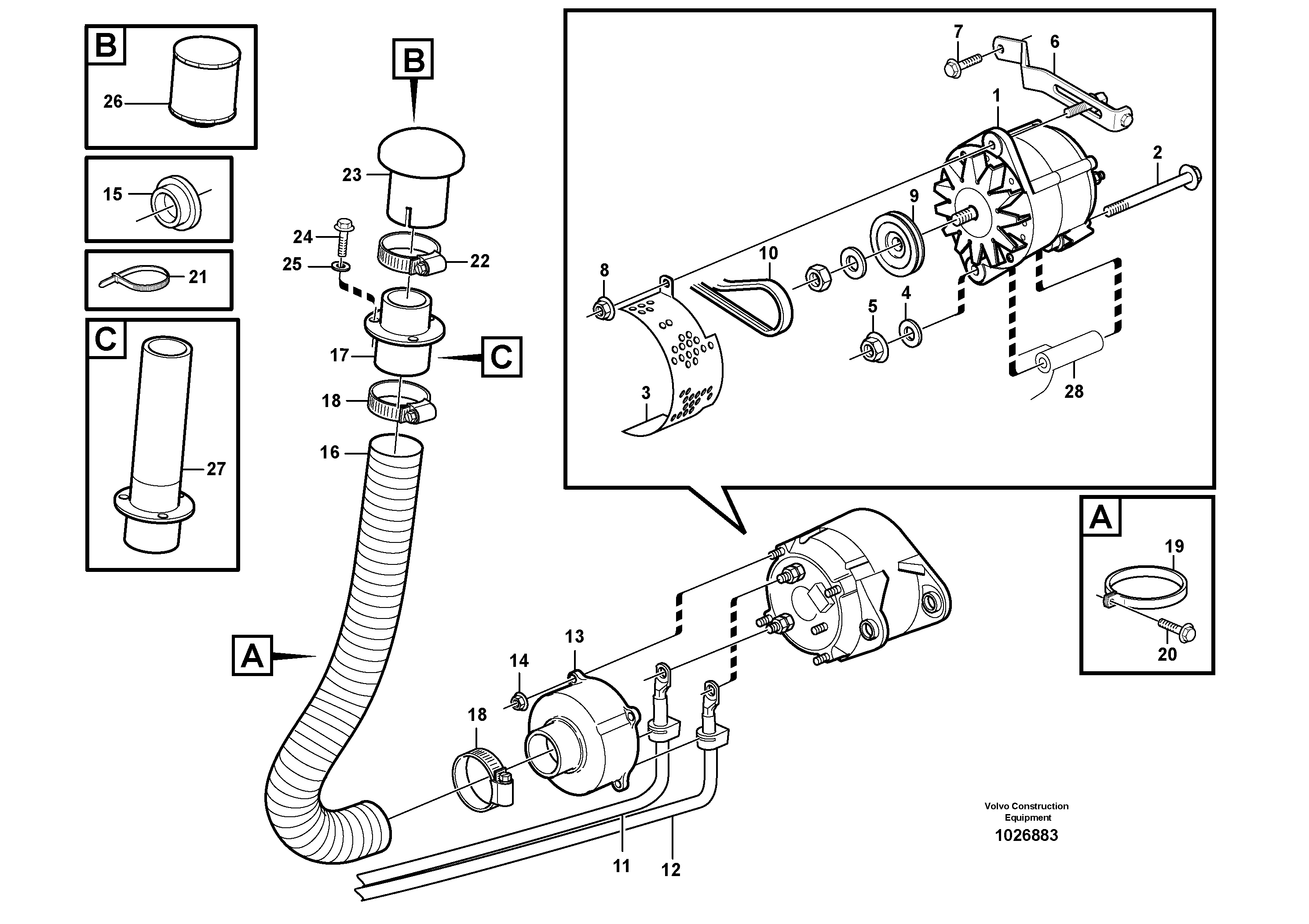 Схема запчастей Volvo L110E - 19541 Alternator with assembling details L110E S/N 2202- SWE, 61001- USA, 70401-BRA