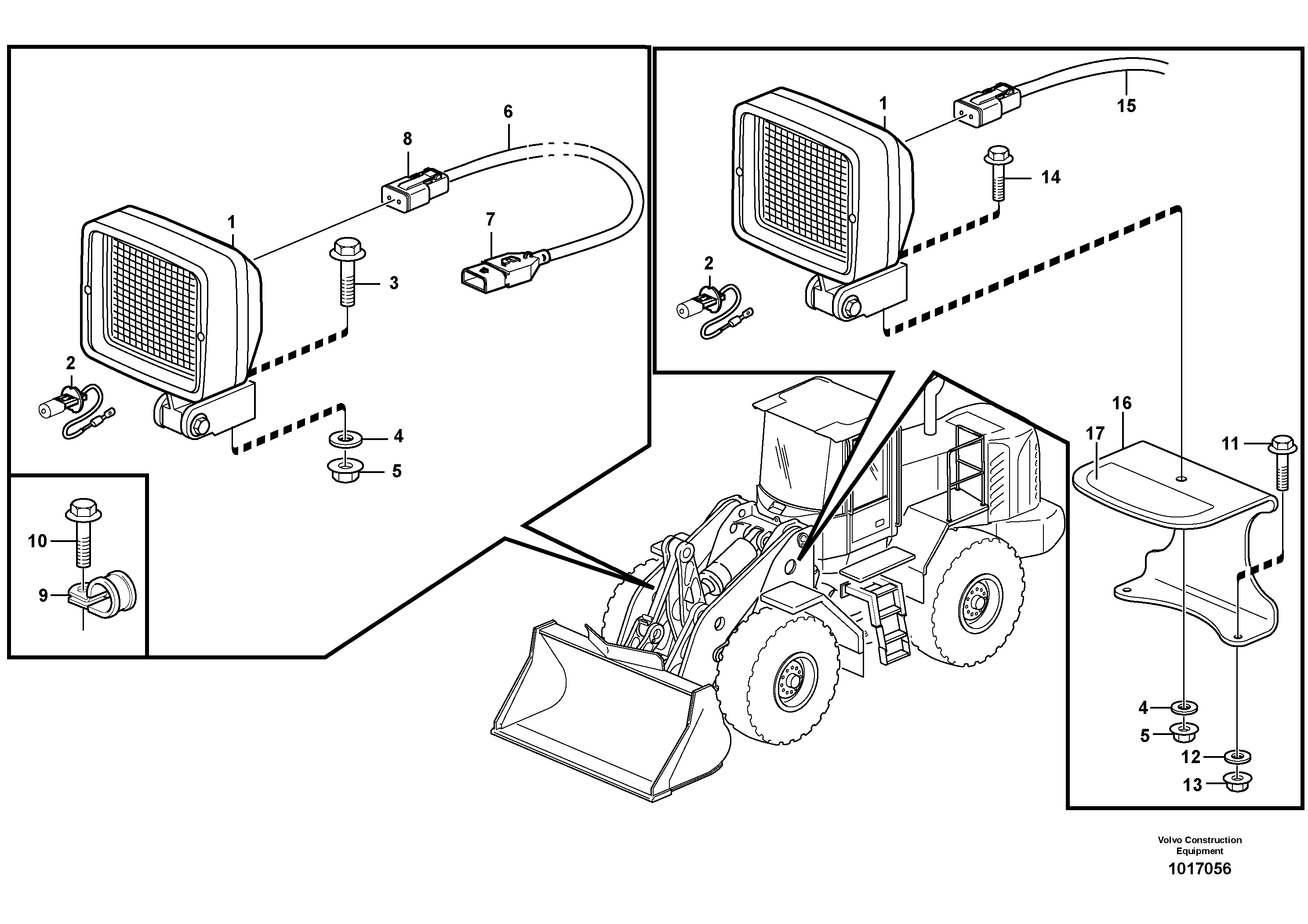Схема запчастей Volvo L110E - 91075 Work lights, front L110E S/N 2202- SWE, 61001- USA, 70401-BRA
