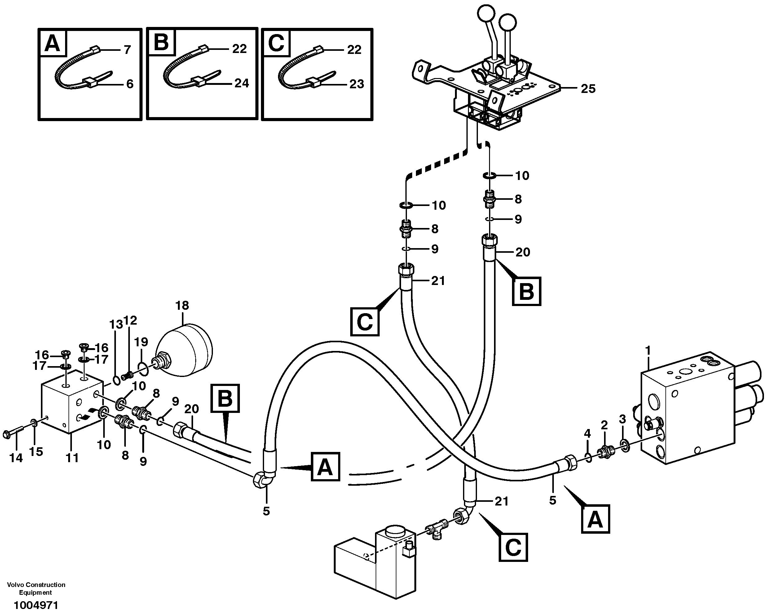 Схема запчастей Volvo L110E - 23145 Servo - hydraulic, feed and return lines L110E S/N 1002 - 2165 SWE, 60001- USA,70201-70257BRA