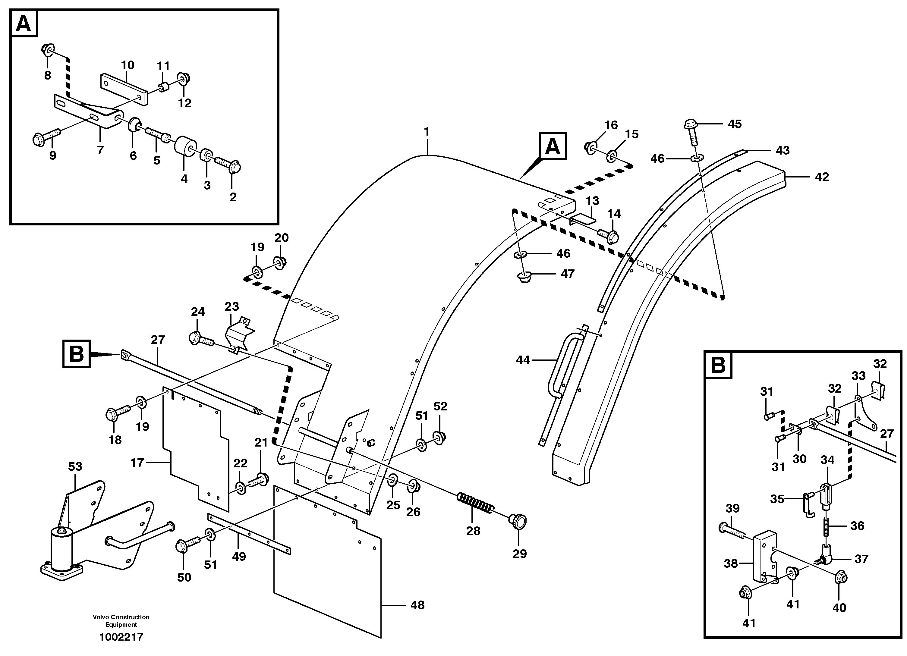 Схема запчастей Volvo L180E - 41399 Swing out rear mudguards L180E S/N 5004 - 7398 S/N 62501 - 62543 USA